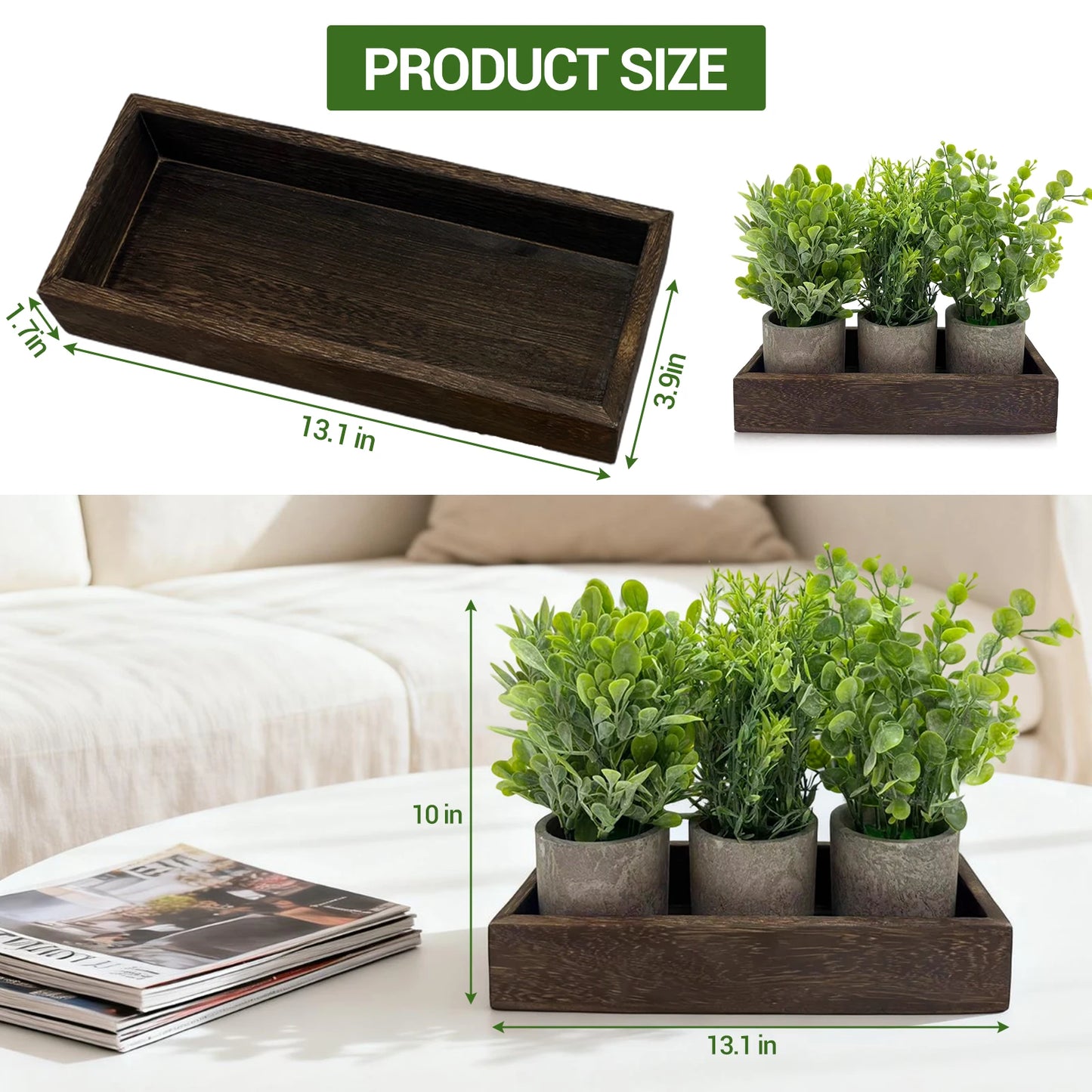 3 Pack Small Artificial Eucalyptus Potted Plants, Fake Greenery Plants in Pots with Wooden Tray, Small Farmhouse Table Centerpiece Decor for Coffee Table Dining Room Home Office