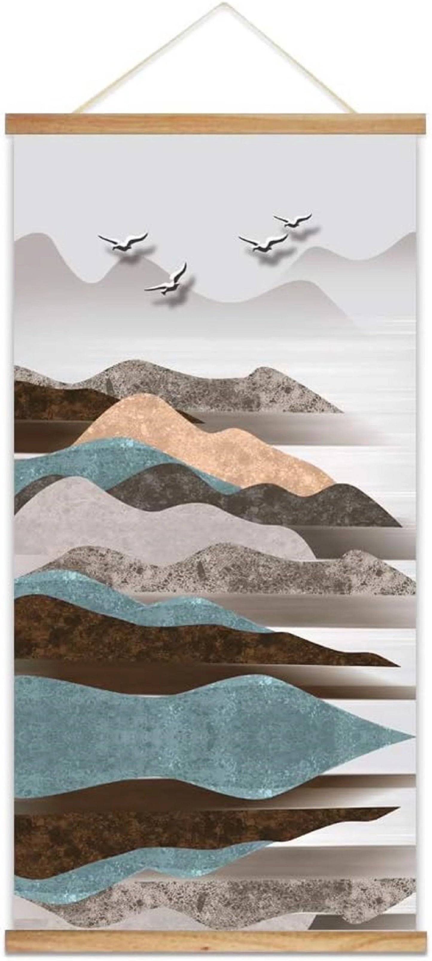 Wooden Framed Hanging Poster, Nordic Style Nature Landscape Wall Picture Poster Artwork for Home