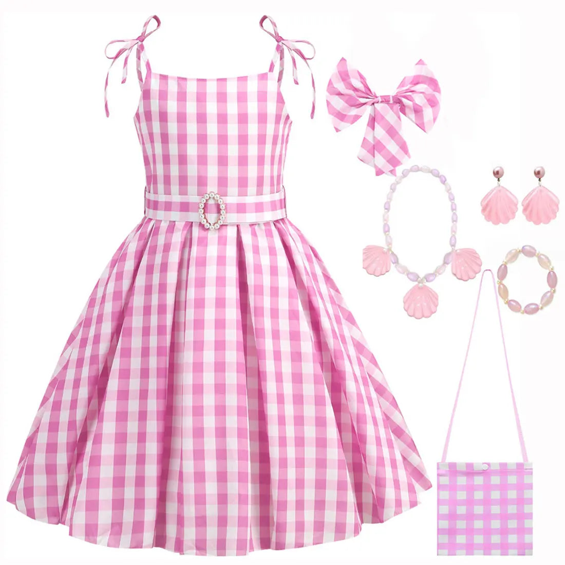 Halloween Hot Movie Margot Robbie Role Play Baby Pink Dress Girl Cowboy Look Dress Summer Sleeveless Plaid Slim Strap Dress Set
