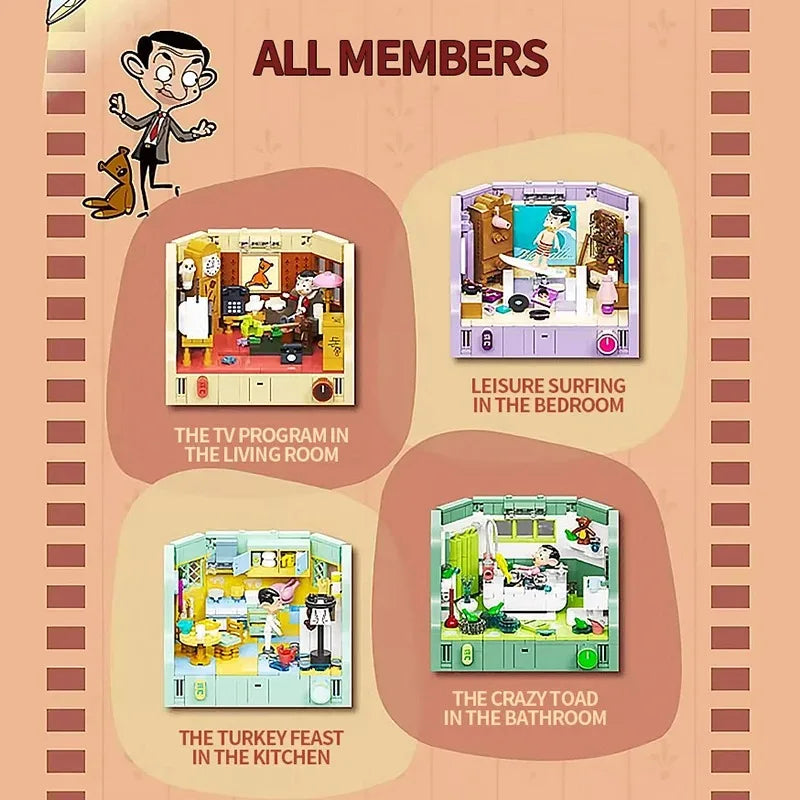 4 IN 1 Mr.Bean House Building Blocks Creative Anime Apartment Model Bricks Desktop Decoration Puzzle Toy For Kids Exquisite Gift
