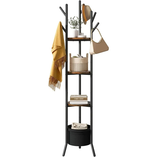 Freestanding Coat Rack with Three Wooden Shelves Fabric Basket and Metal Frame for Hallway Bedroom Storage