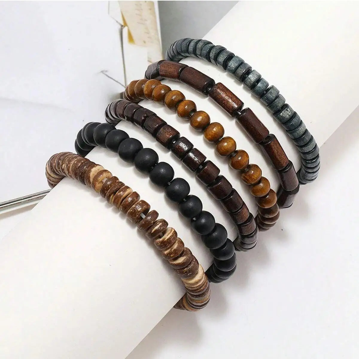 6PCS  Wodeen Braided Wrap Leather Bracelet for Men Vintage Life Wood Beads Fashion Male Armband