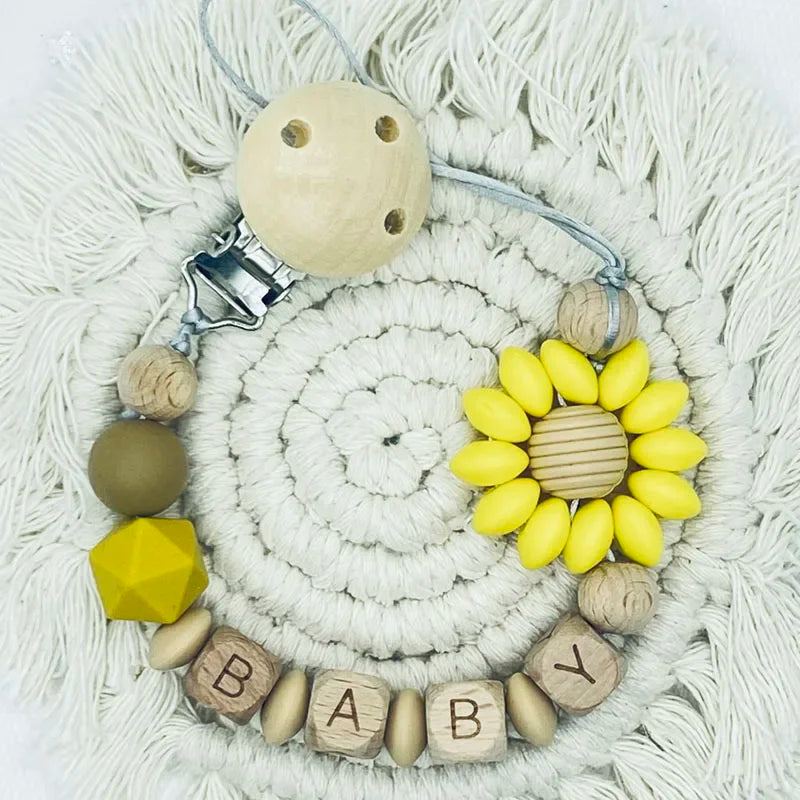 DIY Custom Name Silicone Beads Wooden Ring Pacifier Clips Safe Teething Chains Baby Teether Eco-friendly Dummy Beech Clips Gift
