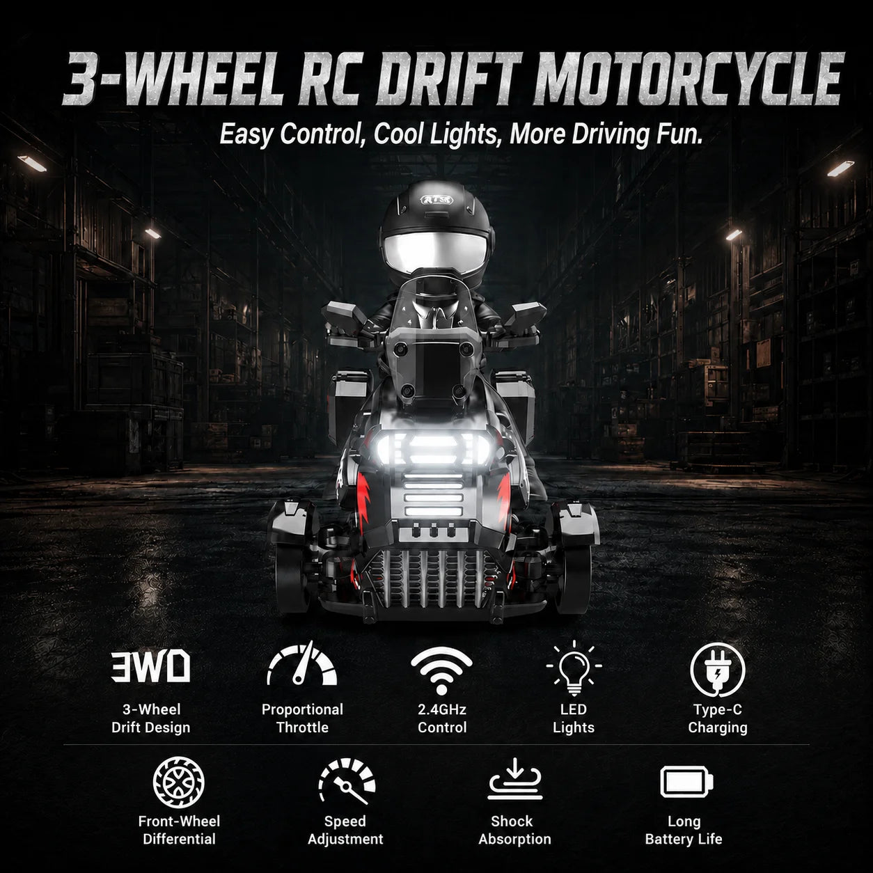 1/43 RC Drift Motorcycle, 2.4GHz Remote Control 3-Wheel Drift Trike with Detachable Rider Figure, LED Lights, High-Speed Racing Motorcycle Toy, Mini RC Car, USB Rechargeable, Birthday Christmas Gift for Kids Boys Adults
