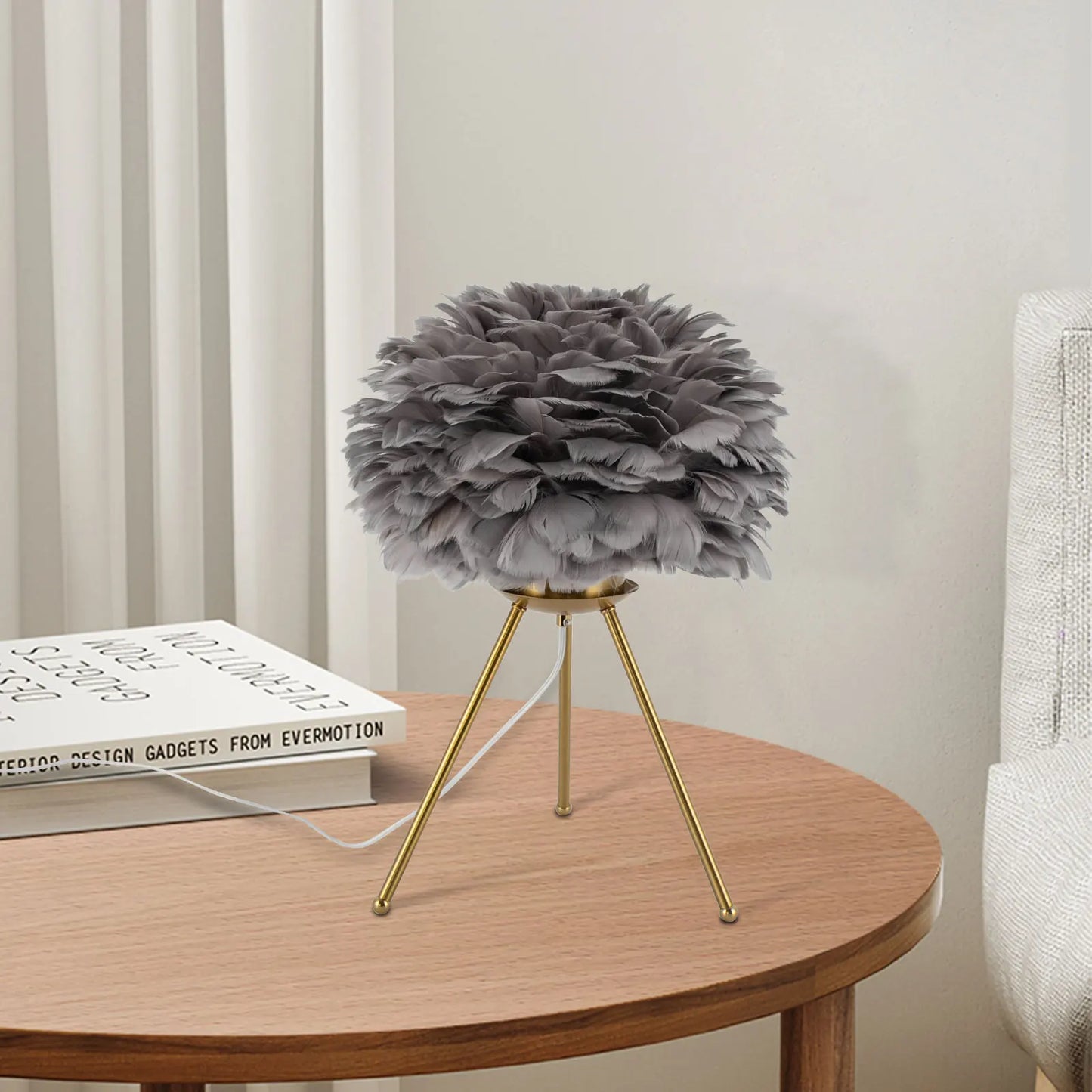 Grey Feather Desk Lamp, Tripod Lamp Suitable for Studies, Living Rooms, Dining Rooms, Cafes, Studios, Clubs