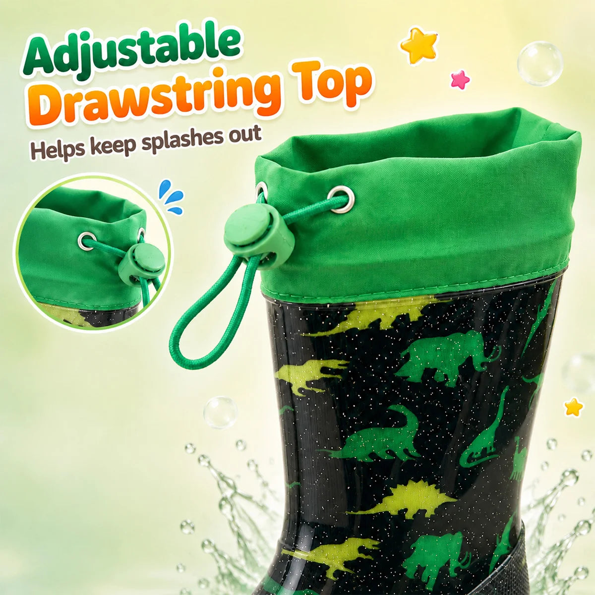 Boys Green Dinosaur Print Glitter Kids Rain Boots Adjustable Drawstring Cuff Waterproof Anti-slip PVC Children Wellies Outdoor Rain Water Shoes