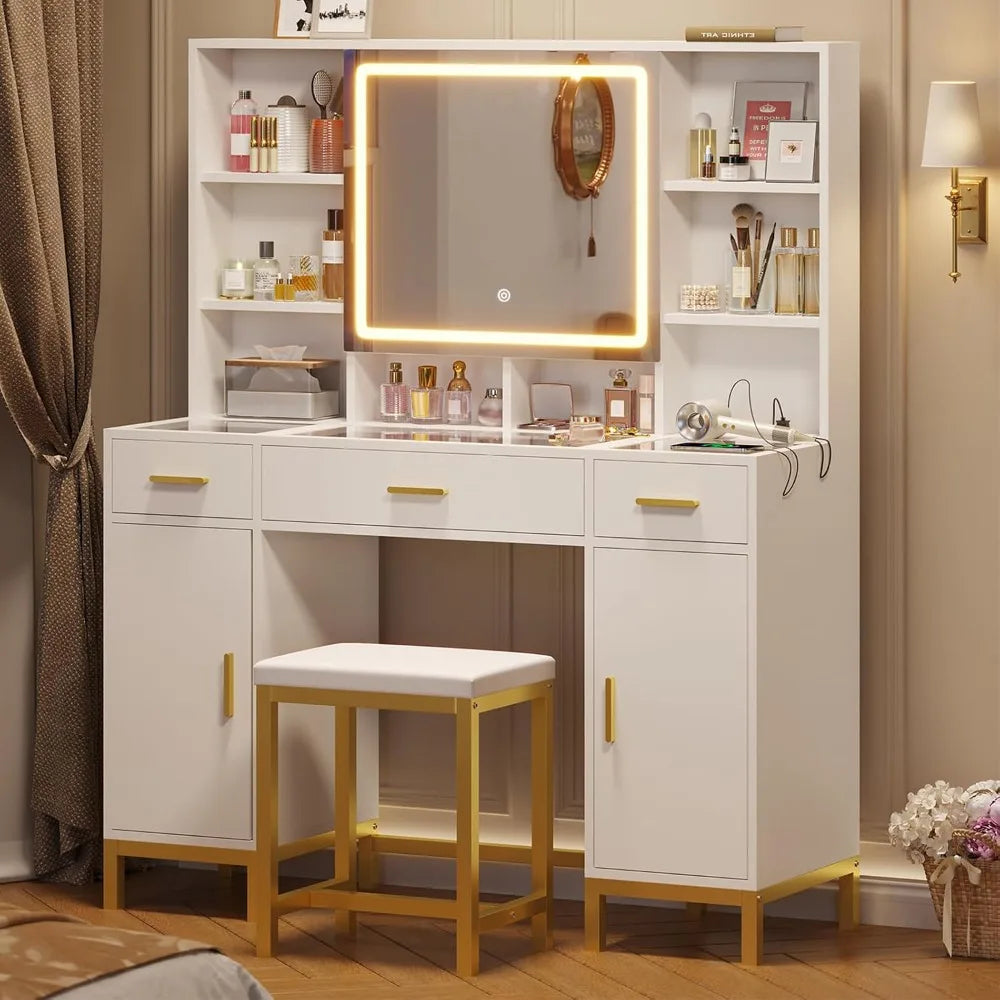 White Vanity Desk, Openable Light Mirror & Glass Tabletop, Charging Station Makeup Dressing Table, Custom