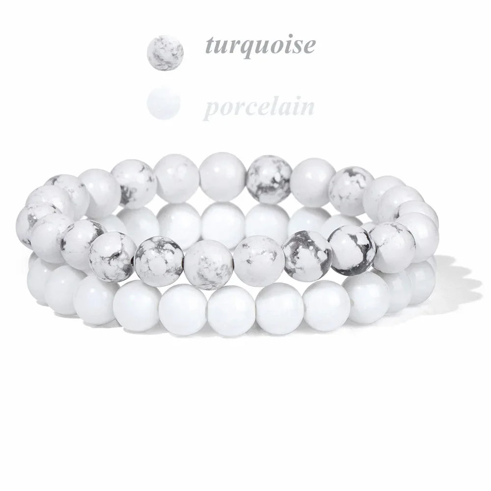 2Pcs Colorful Natural Stone Bead Bracelet Set 8MM Natural Agates Turquois Amethysts Quartzs Gem Stretch Bangle Jewelry Gift