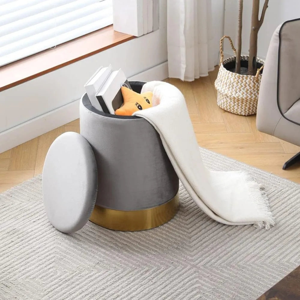 Multipurpose Velvet Ottoman Footrest with Metal Base, Padded Seat Supporting 300 lbs for Living Room (Grey)