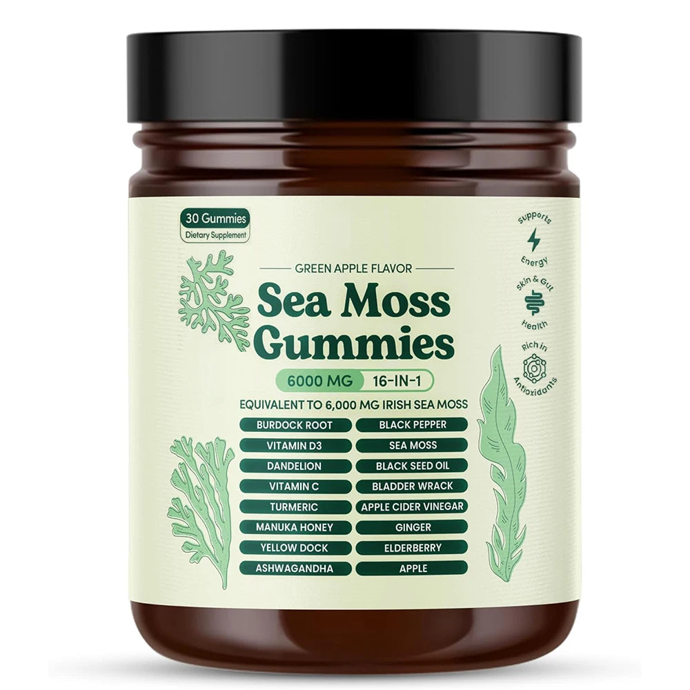 Sea Moss Gummies 16 in 1, 6000mg Black SeedOil, Ashwagandha, Burdockroot - Vegan Sea Moss Gummy for Adults Kids Men Women