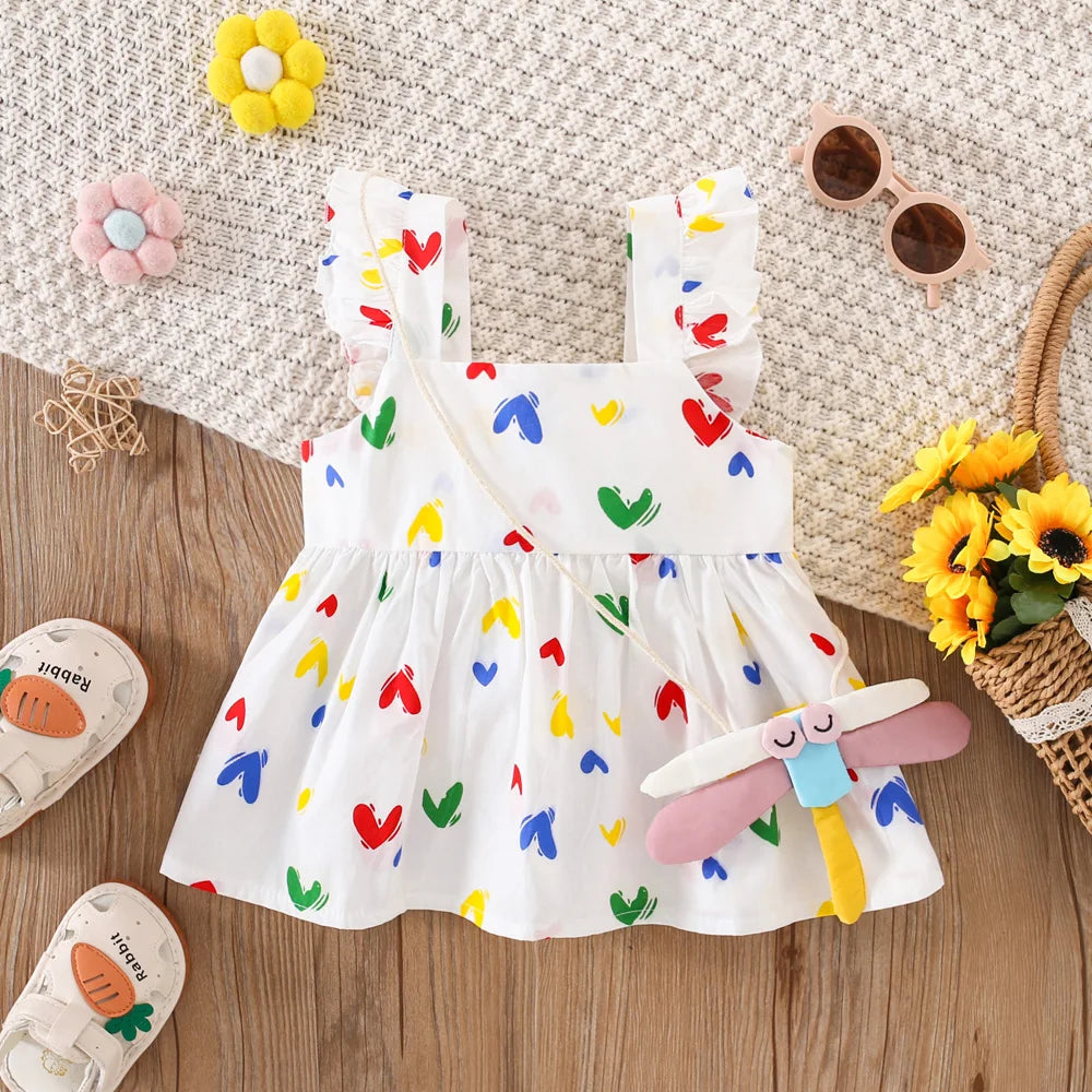 Baby Girl Dress Summer Colorful Love Girl Dress Cute Dragonfly Crossbody Bag Baby Girl Dress (0-3 Years Old)