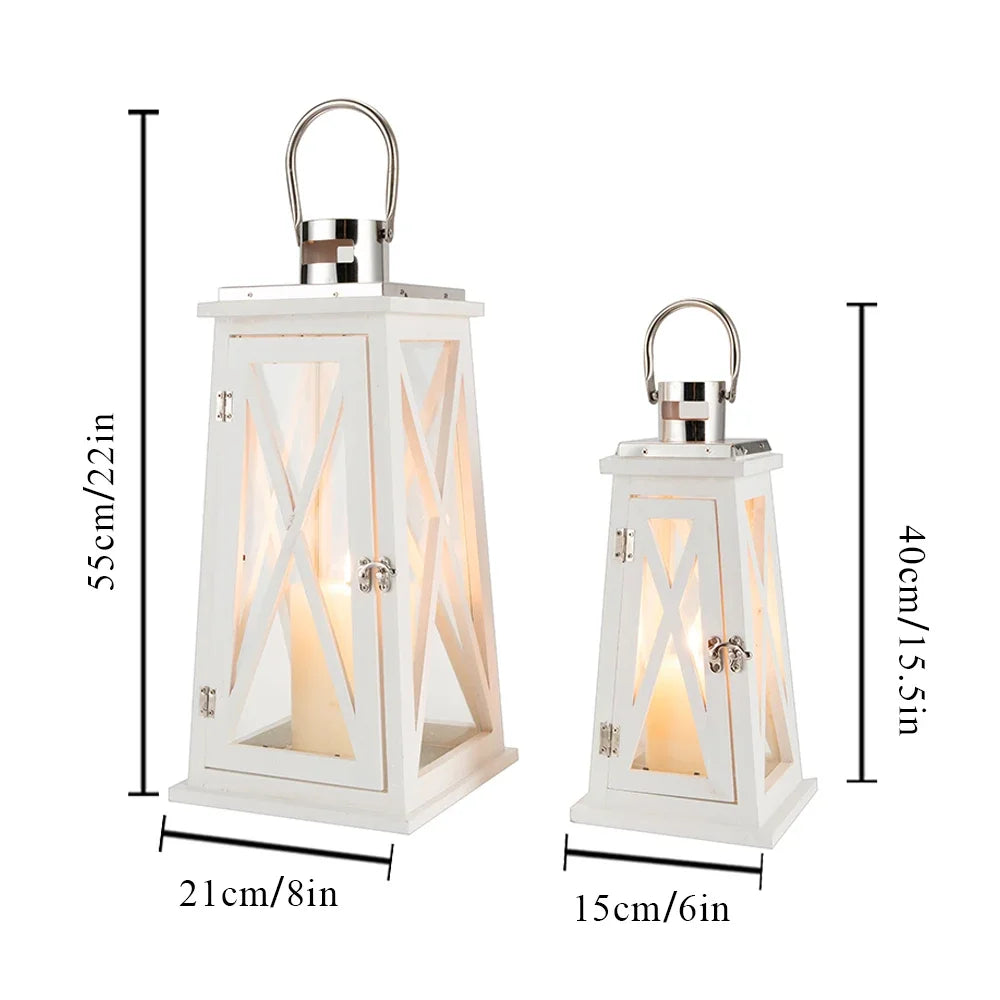 Farmhouse Wood Candle Lantern Decorative Candle Holders with Tempered Glass Rustic Hanging Lantern(White Trapezoid)