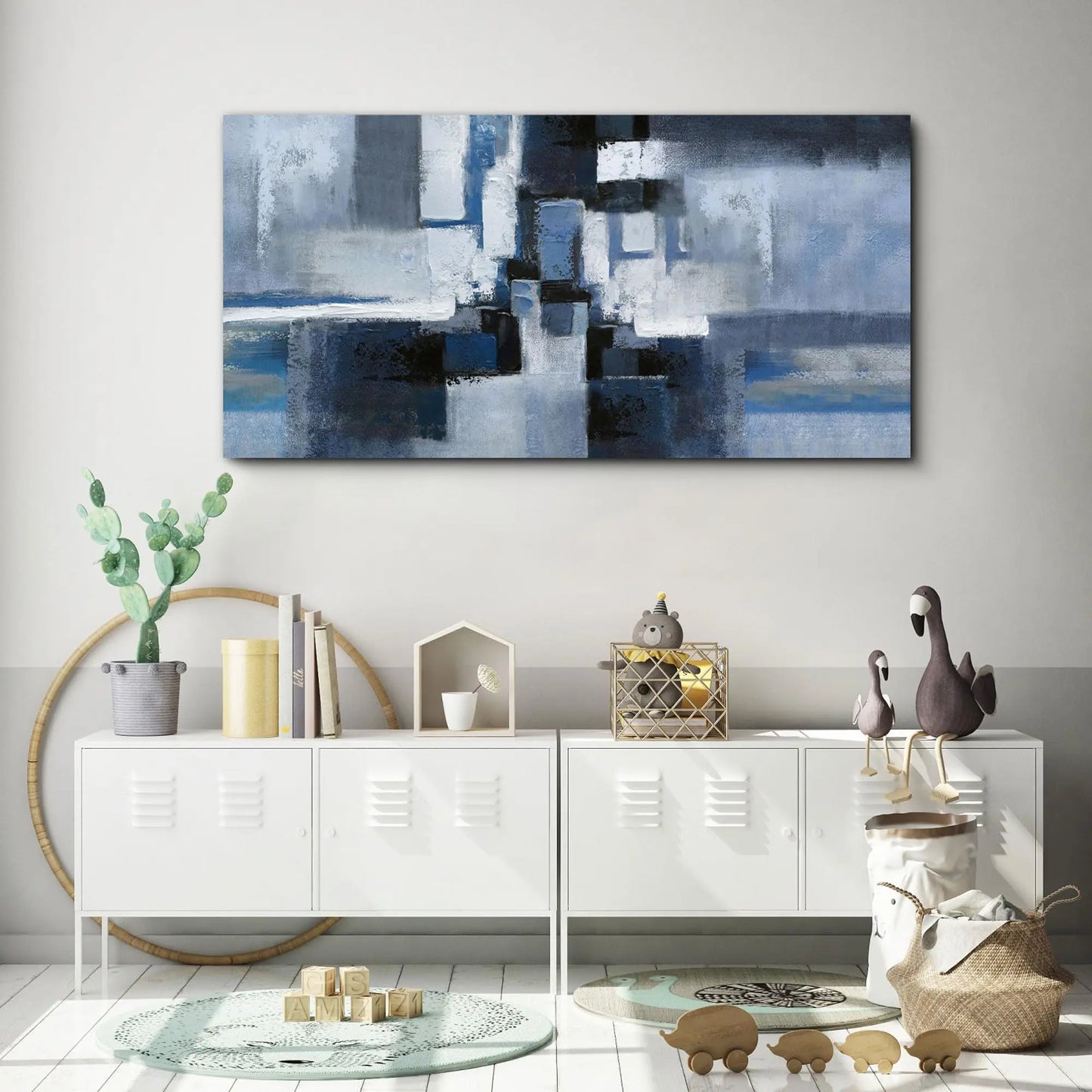 Blue Abstract Canvas Wall Art - Black Frame Artwork Picture Living Room Wall Decor Modern Paintings Large Wall Art for Bedroom Home Decoration