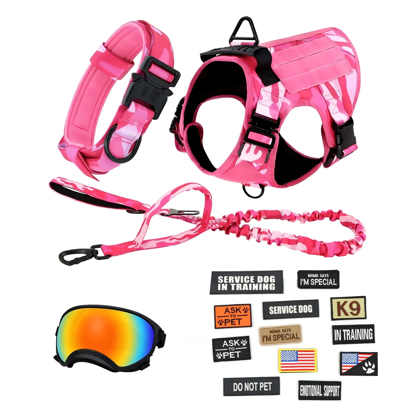 Tactical Dog Harness Vest With Collar Leash Velcro Patches And Sunglasses For Medium Large Dogs Adjustable For Outdoor Training Walking Working And Daily Use