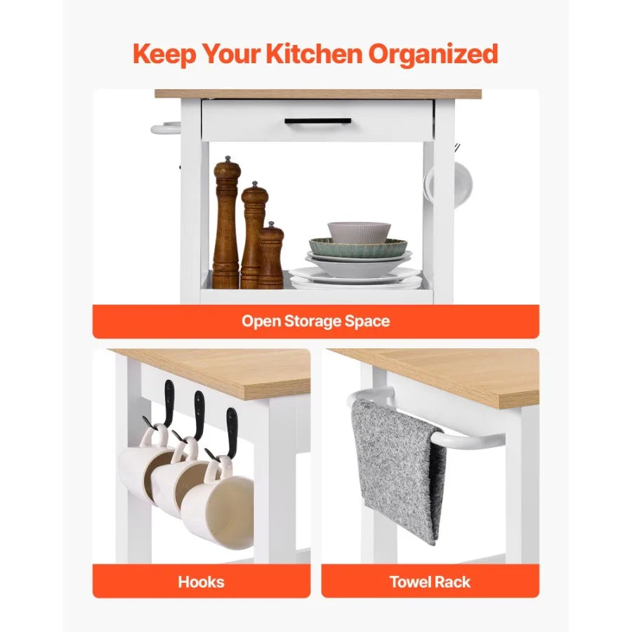 Kitchen Island Cart with Single Door Cabinet Mobile Carts with Drawer Towel Rack Hooks Portable Table on Swivel Wheels Small Co