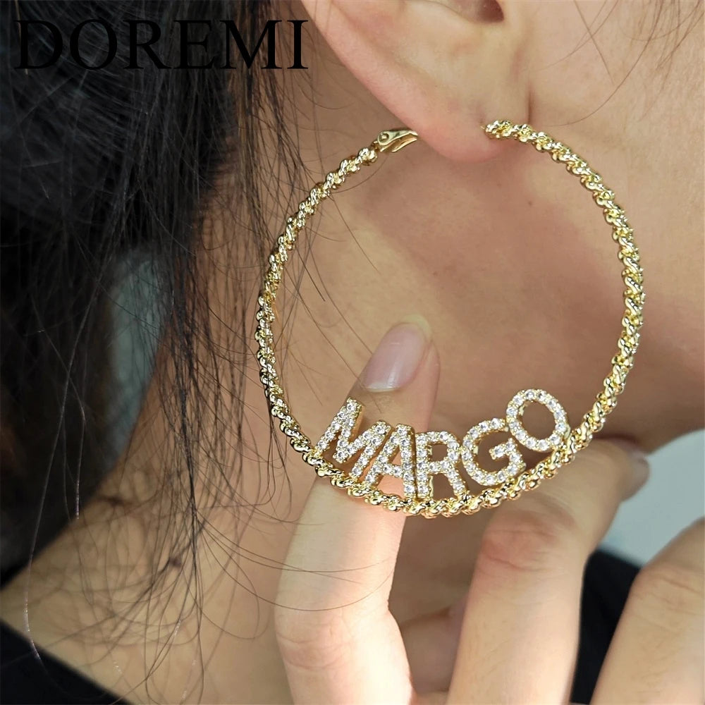 DOREMI 9mm Shiny Initial Letters Twisted Earring Hoop Custom Jewelry Crystal Zircon Nameplate Personalied Earring Gift For Women