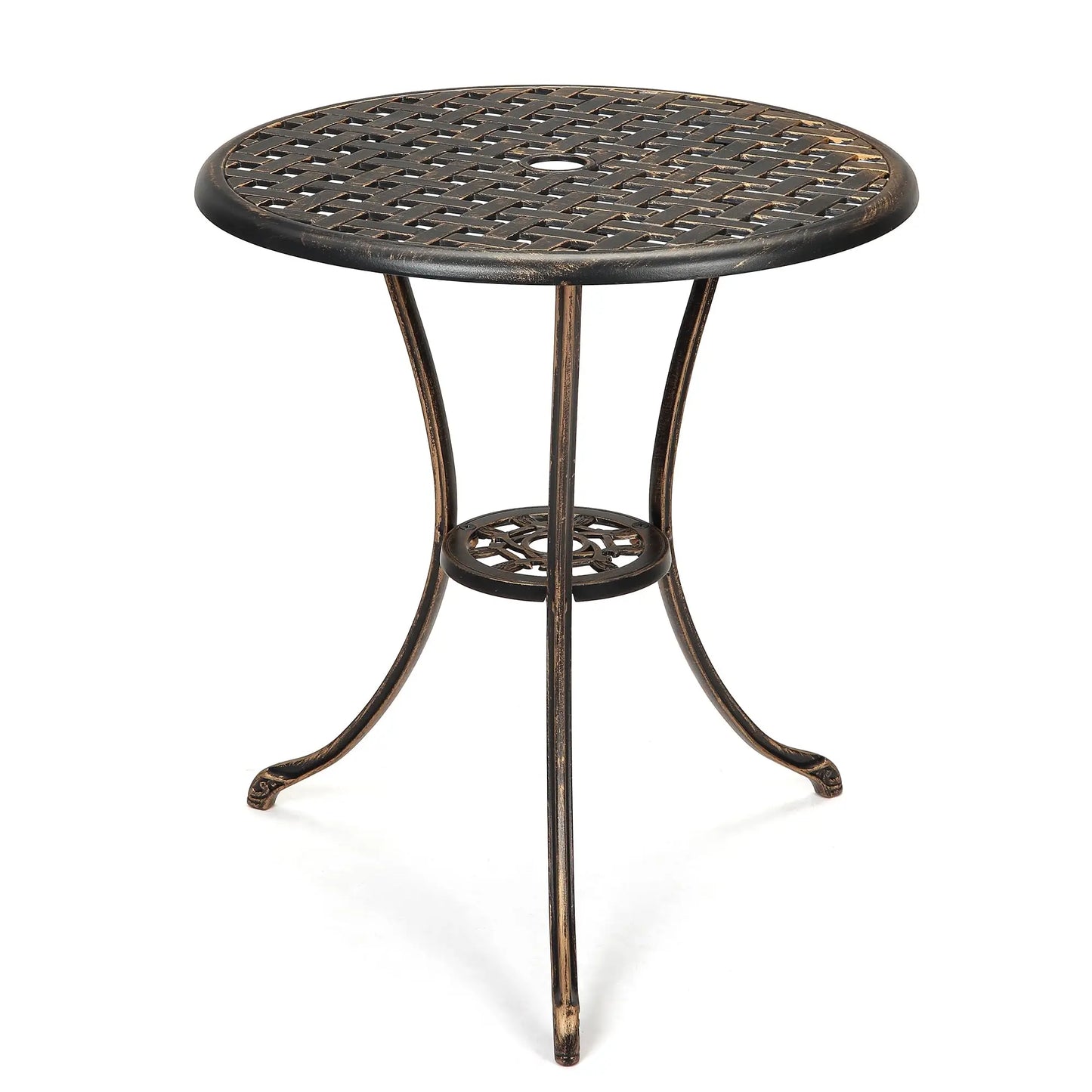 Patio Bistro Table, 24" Round Outdoor Coffee Table with 2" Umbrella Hole, Outdoor Cast Aluminum Bistro Table Side Tab