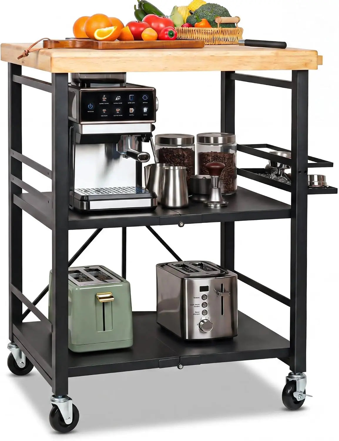 Black Foldable 3-Tier Wheeled Kitchen Cart Mobile Kitchen Island with Wooden Tabletop Multipurpose Microwave Stand & Coffee Bar Trolley Featuring Side Storage Rack for Household Kitchen Storage