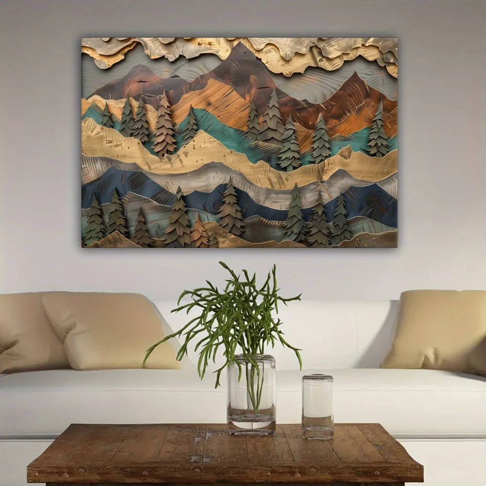 1.5 "chunky pine frame Mountain and pine forest Wall art - handcrafted canvas poster with serene landscape design