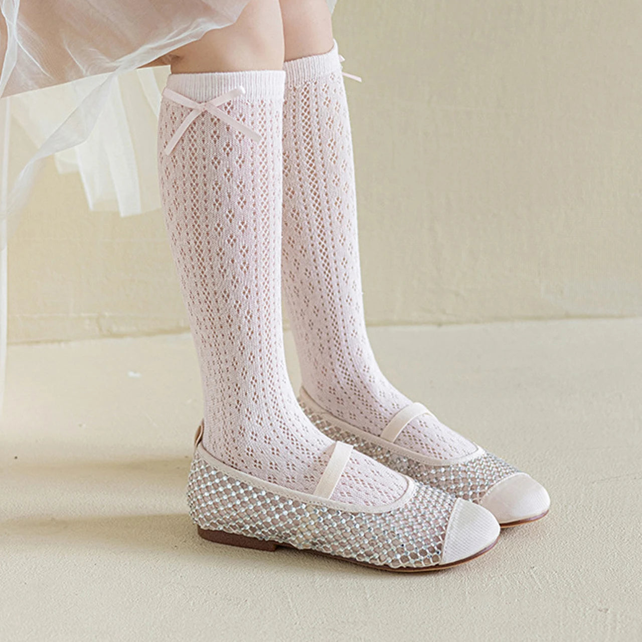 Japanese Hollow Bow Socks for Girl Summer Mesh Breathable Knee High Socks Solid Color Princess Kids Calf Socks 3-10 Years