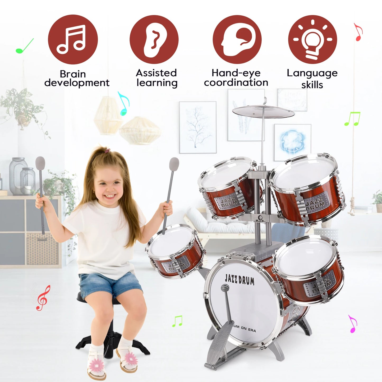 Toy Drum Set for Kids Ages 3-5 Toddler Jazz Drum Kit with 5 Drums Musical Instruments Toys for 3 4 5 Year Old Boys Girls Gifts