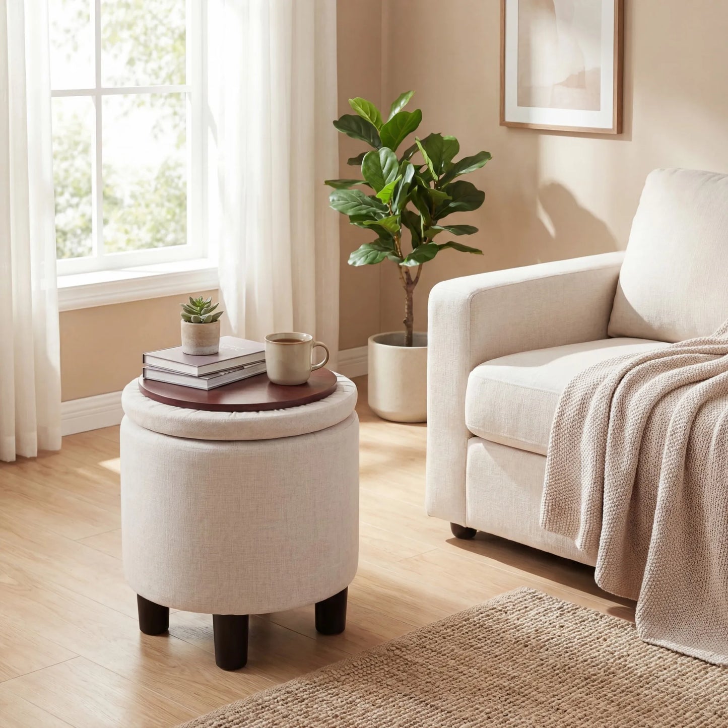 Round Storage Ottoman, Linen Fabric Upholstered Footrest Stool w/ Removable Lid