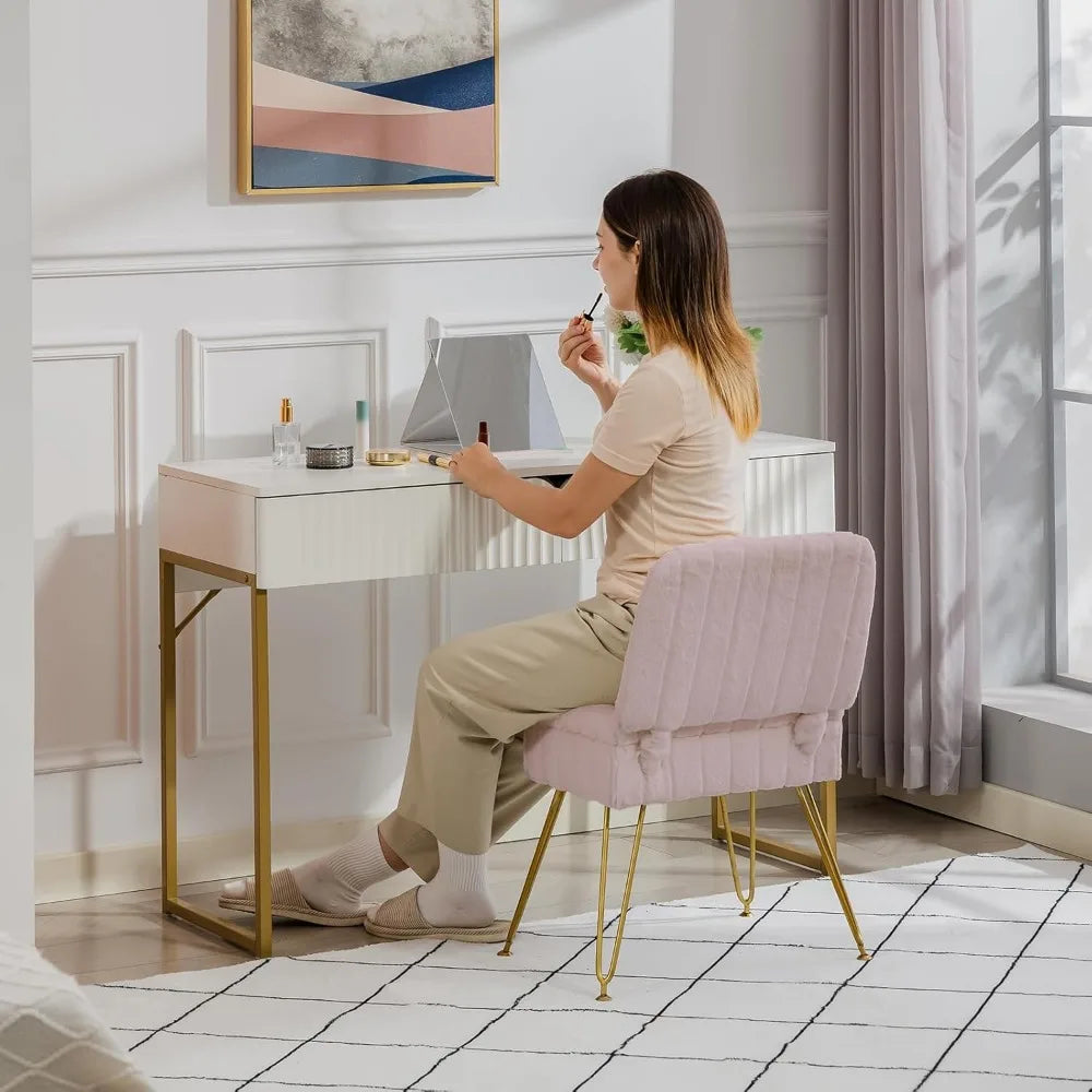 Storage Ottoman Chair with Fold Back Faux Fur Seat Metal Legs Anti Slip Feet for Bedroom Dressing Room