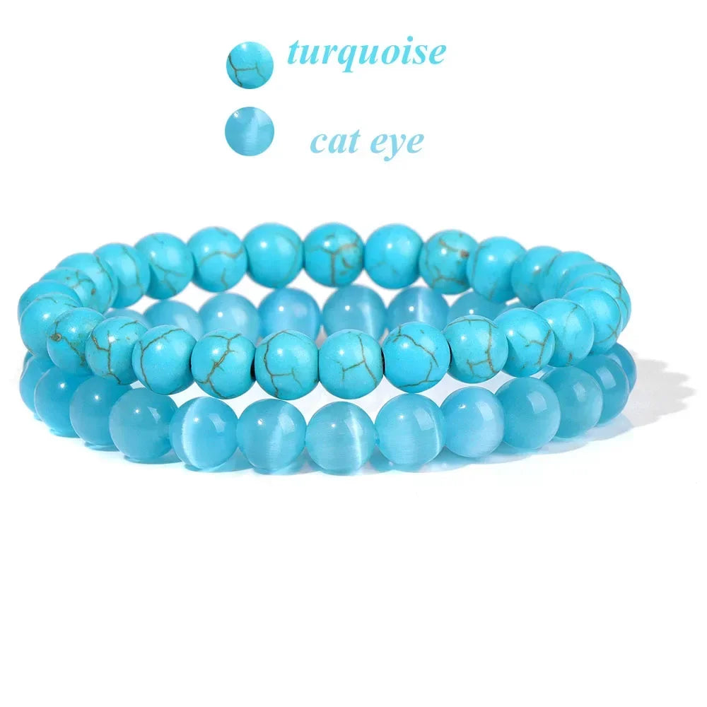 2Pcs Colorful Natural Stone Bead Bracelet Set 8MM Natural Agates Turquois Amethysts Quartzs Gem Stretch Bangle Jewelry Gift