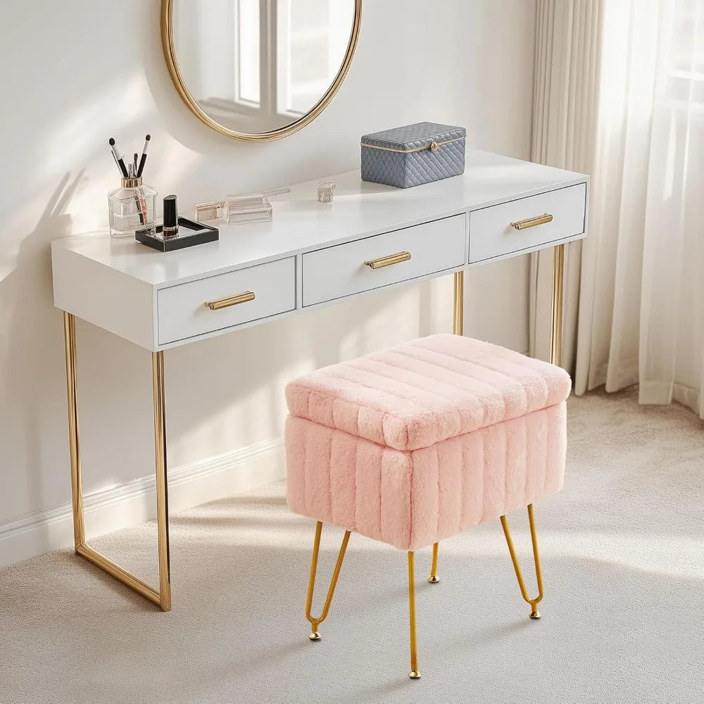 Vanity Stool with Hidden Storage Soft Faux Fur Seat Metal Legs Adjustable Feet for Dressing Room Bedroom Dorm