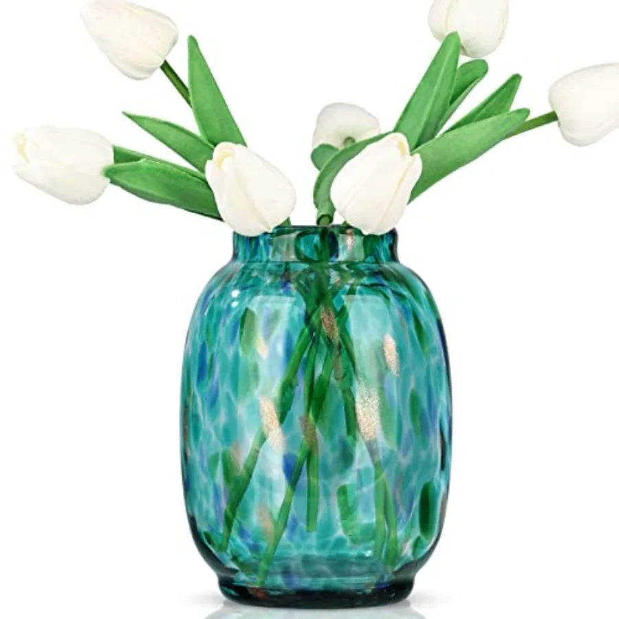 Blown Glass vase, Green Glass vase, Modern Art vase, Wide Mouth vase for Living Room Wedding Table Office centerpieces with Flo