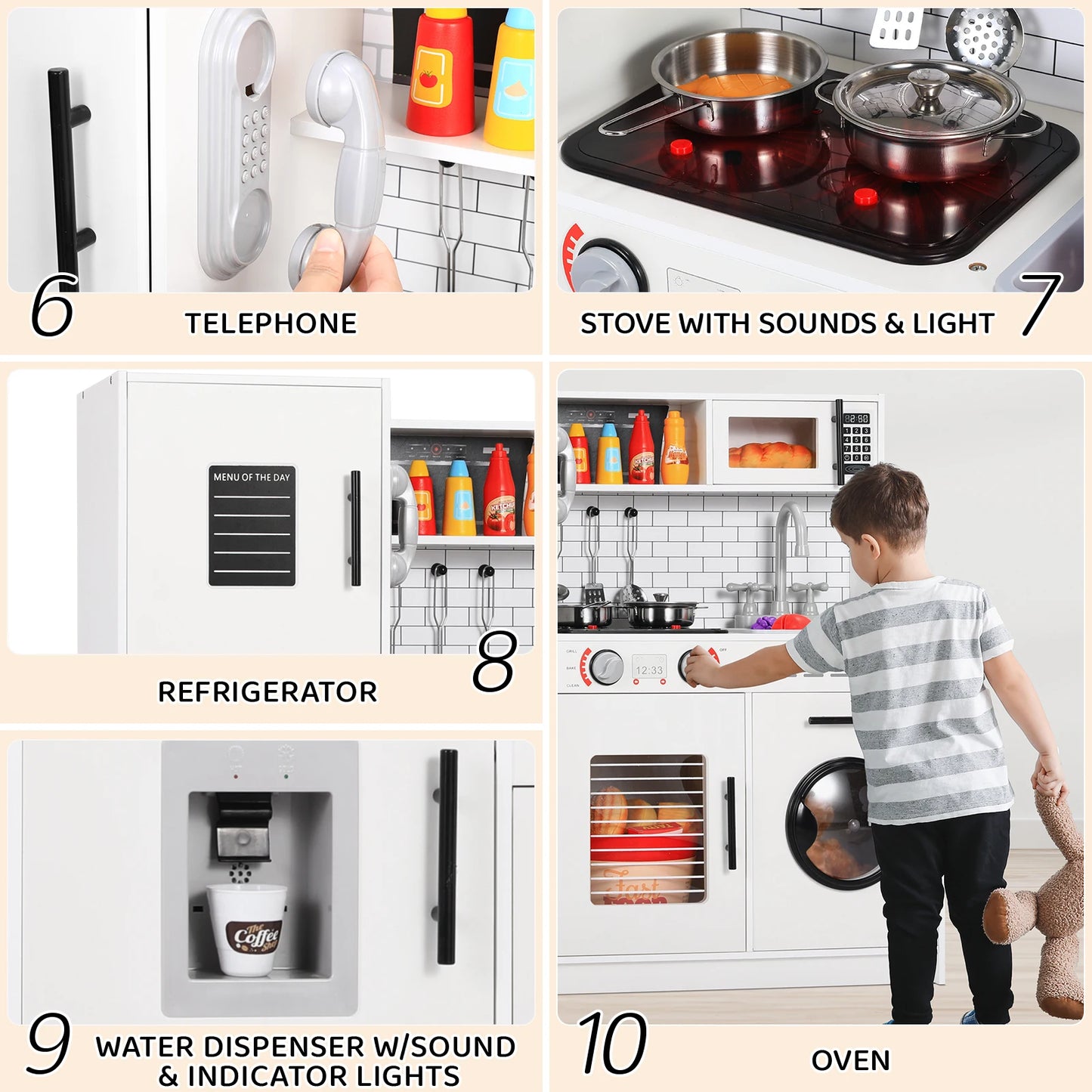 Wooden Kitchen Toys Playset, Play Kitchen for Kids Chef Pretend Play Set for Toddlers w/ Real Lights & Sounds, Toy Food,Cookware