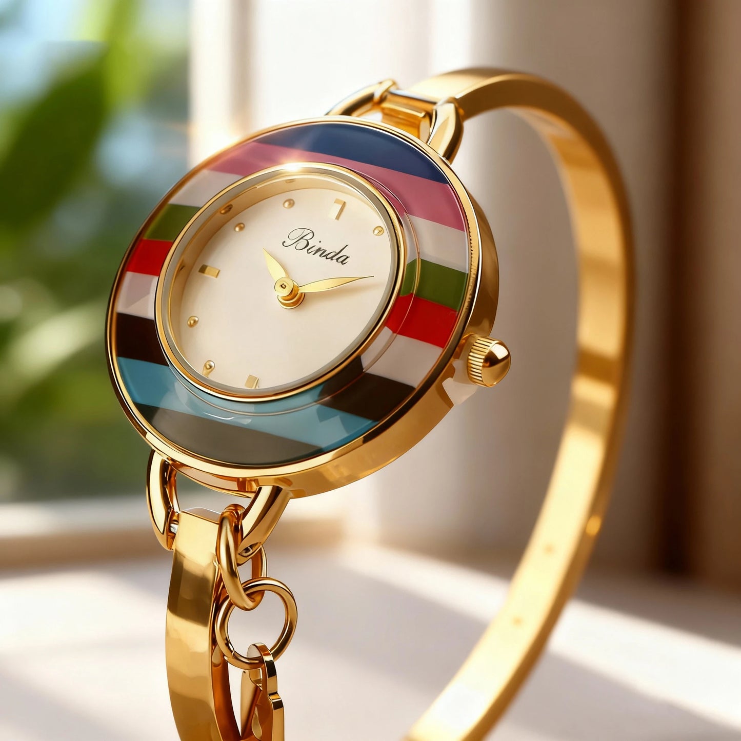 BINDA Women’s Elegant Waterproof Stainless-Steel Quartz Watch – Rainbow Gold Bracelet, Round Delicate Dial, Perfect for Daily