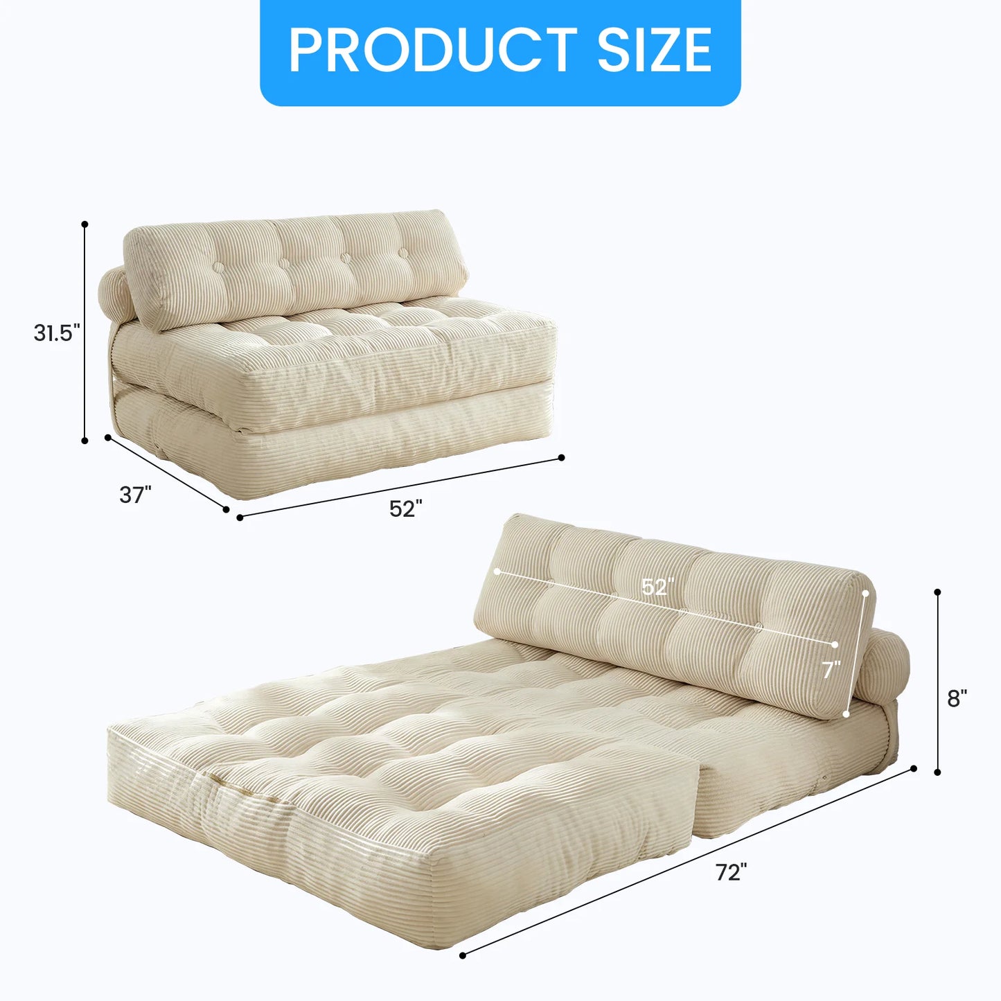 52 Inch Width Foldable Sofa Bed Convertible Sleeper Chair With Support Backrest Pillow Comfort Fold Out Mattress Floor Lounger For Living Room Bedroom