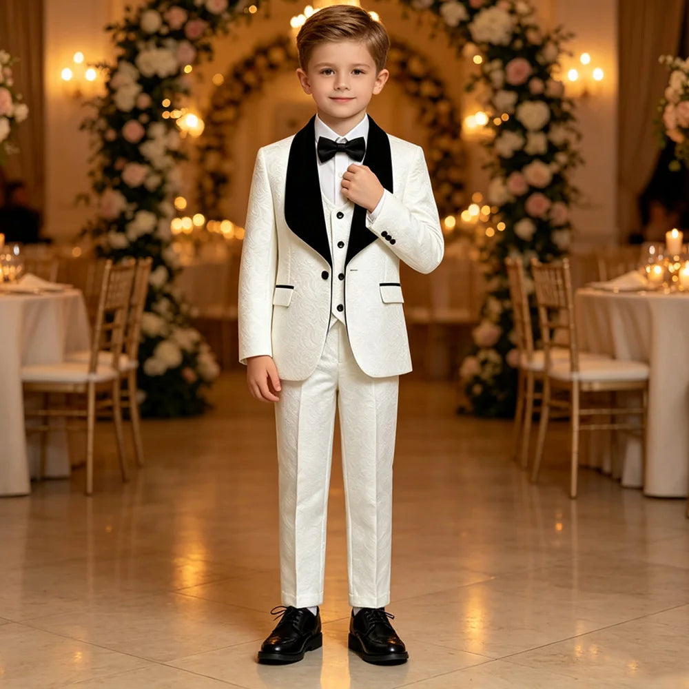 Boys White Jacquard Tuxedo Suit Black Velvet Shawl Lapel 3 Piece Kids Wedding Outfit Child Prom Graduation Stage Formal Blazer Vest Pants With Bow Tie