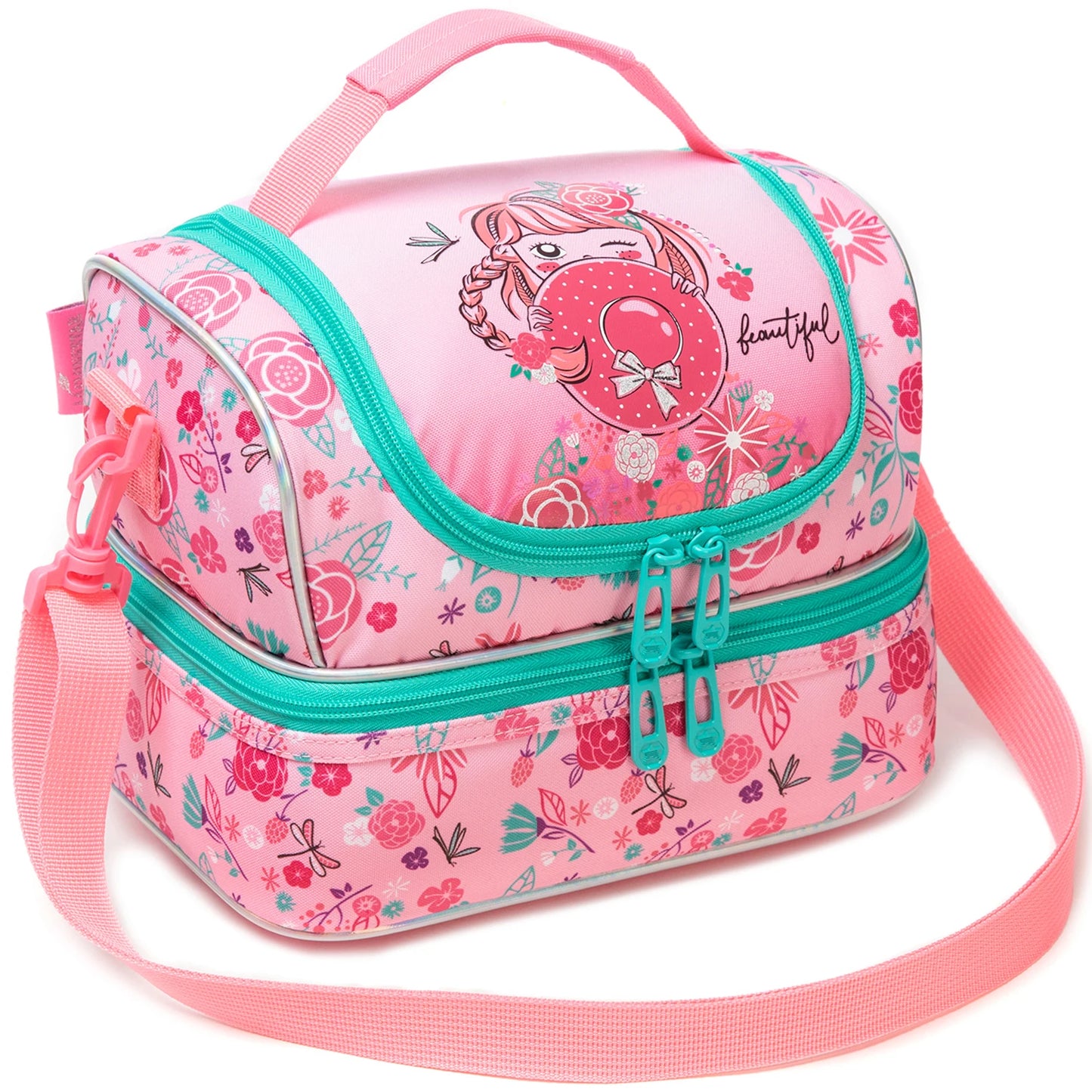 Girls Cute Unicorn Kitten Print Double Deck Lunch Bag Portable Handheld Insulated Food Bag Leakproof Washable Snack Container Bag