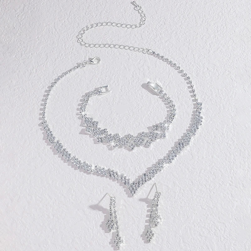 1Set Geometric Rhinestone Necklace Earrings Bracelet Kit Wedding Bride Jewelry Set Simple Tassel Sparkling Jewelry Set Gifts