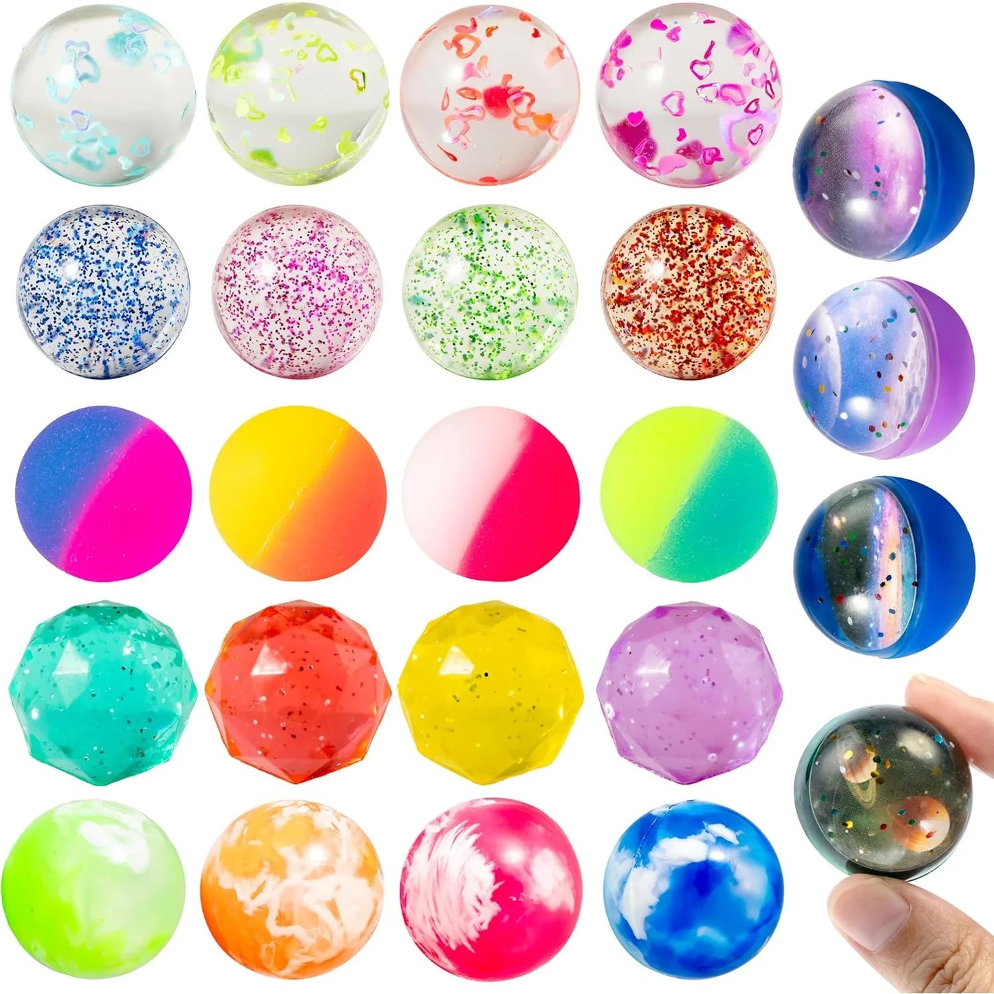 24 PCS Multistyle Bouncy Balls 6 Styles 32mm Assorted Bouncy Balls Bulk for Kids Party Favors Chirstmas Birthdays Gifts