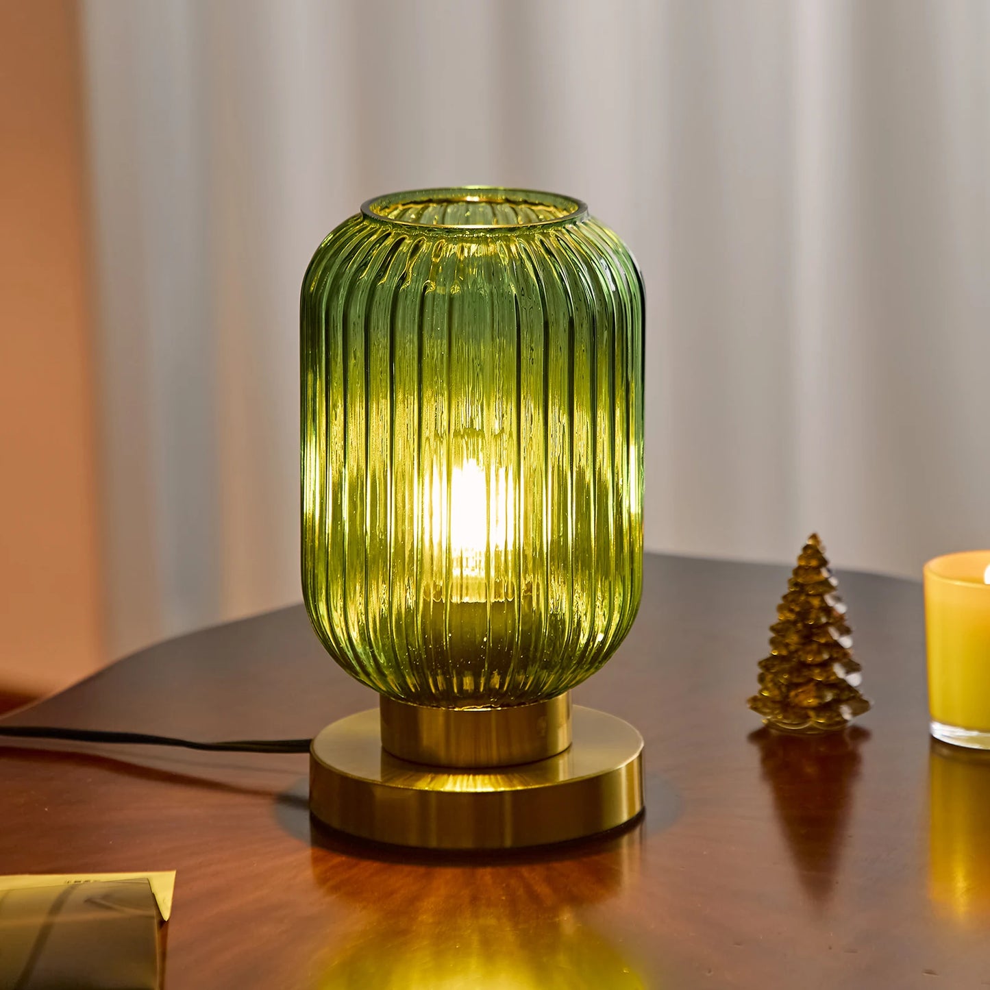 HSMKL Modern Ribbed Glass Table Lamps Mid Century Bedside Light Small Nightstand Lamp with Plug-in Style for Bedroom Living Room