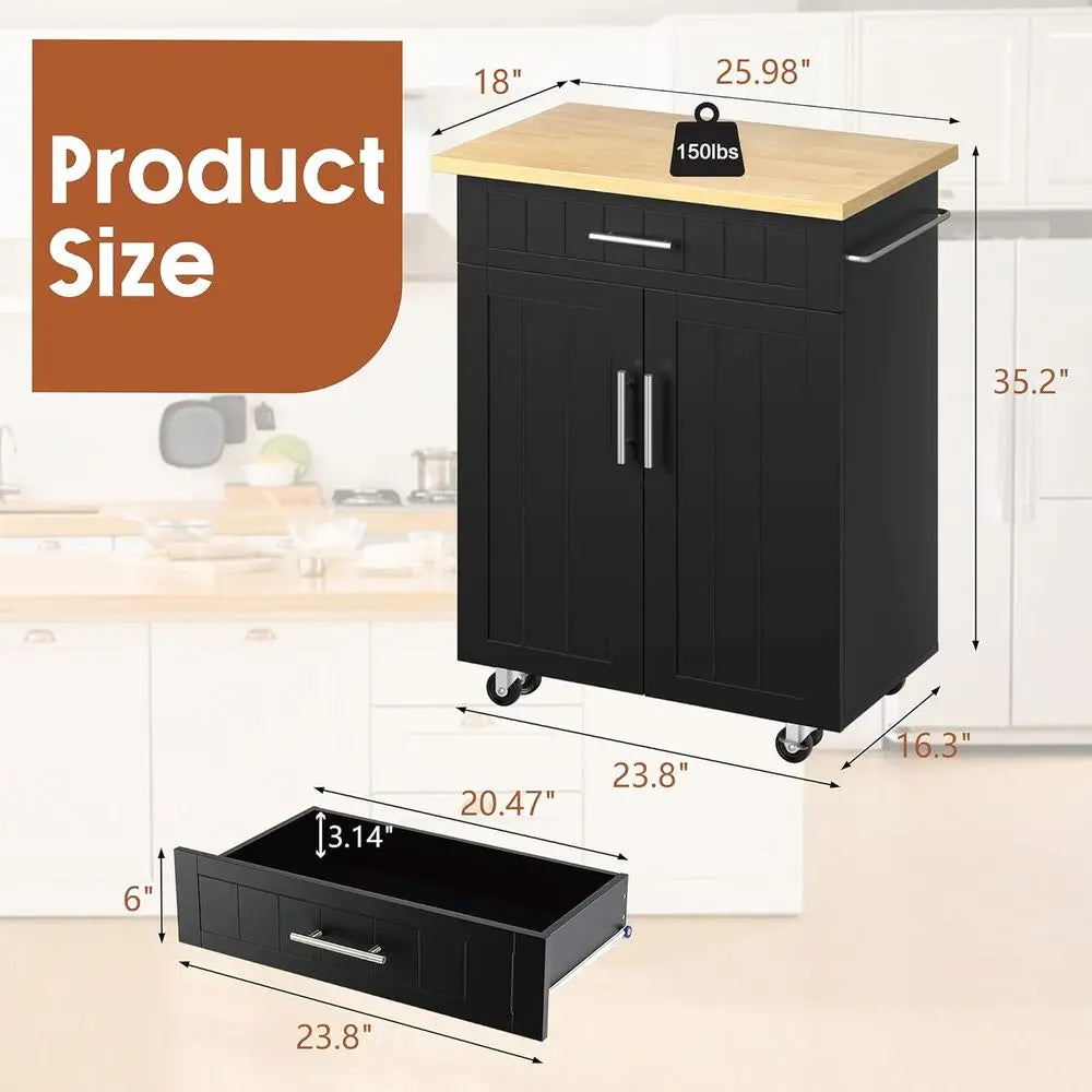 26 Rolling Kitchen Island Cart with Storage Cabinet, Towel Rack, and Mobility for Dining Room - Black