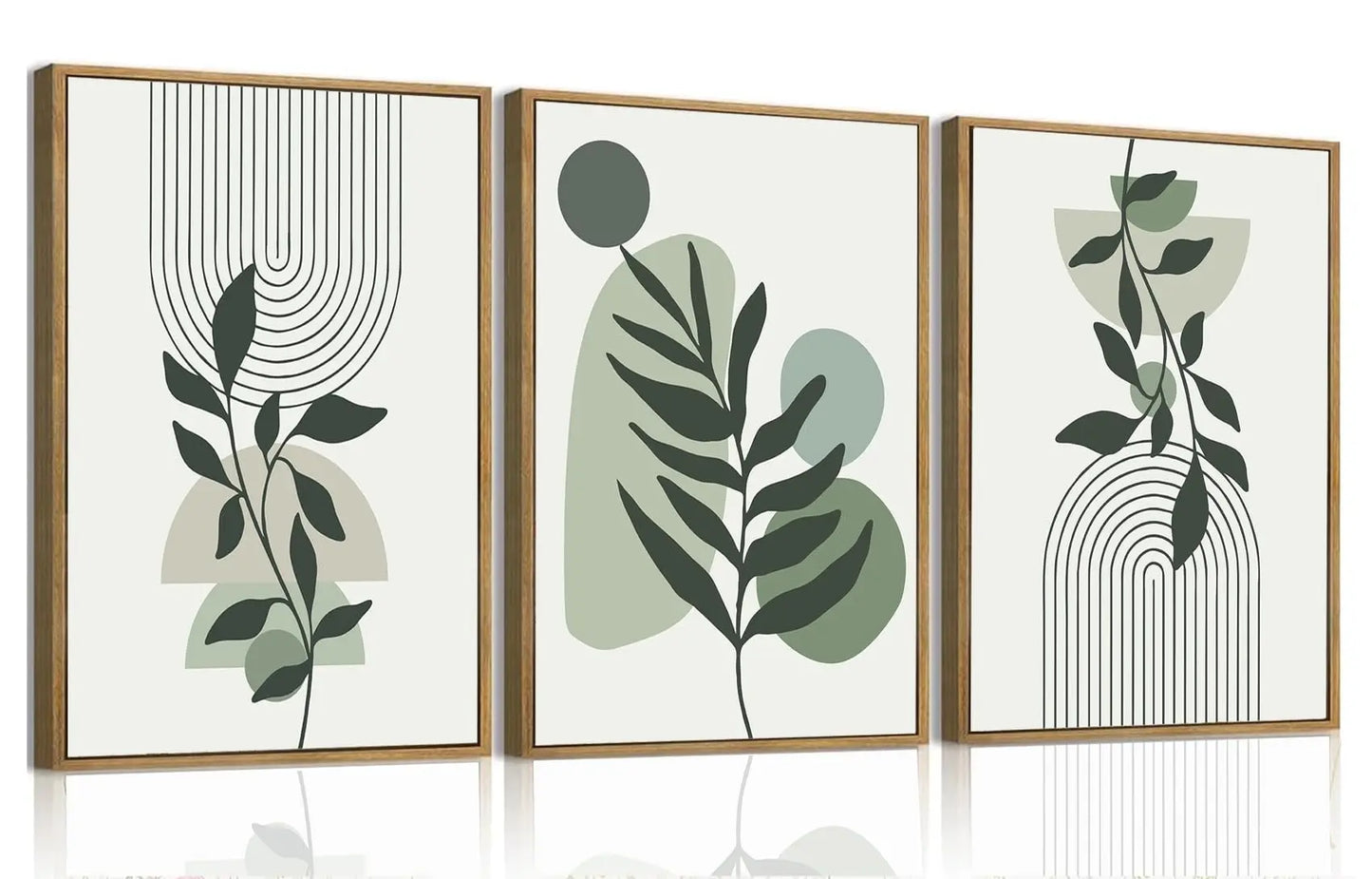 Framed Boho Canvas Wall Art Mid Century Modern Prints Set of 3 Neutral Geometric Line Leaf Paintings Decor Minimalist Abstract Pictures Bedroom Living Room Bathroom