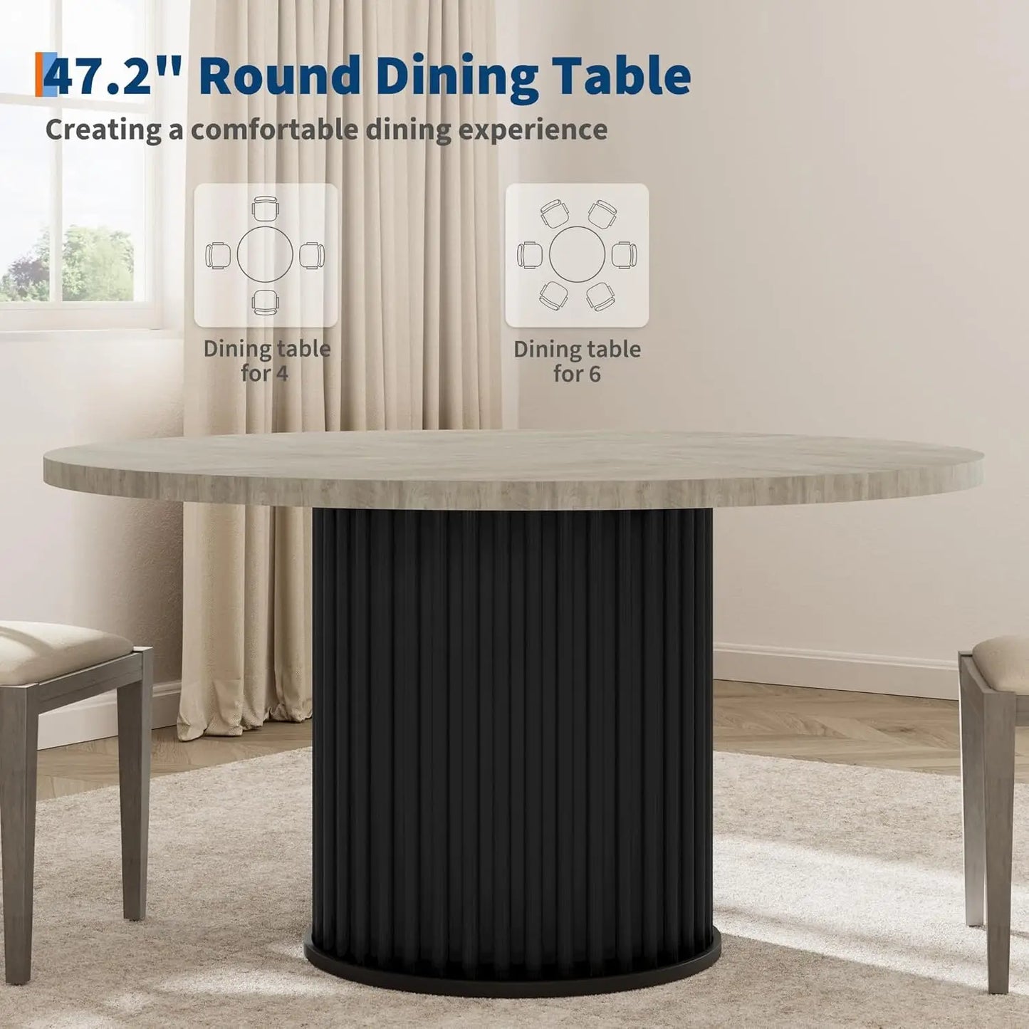 47 Inch Round Dining Table for 4-6 People, 120cm Wood Kitchen Table with Metal Pedestal Base, Space-Saving, Easy Assembly for Dining Room, Kitchen, Grey