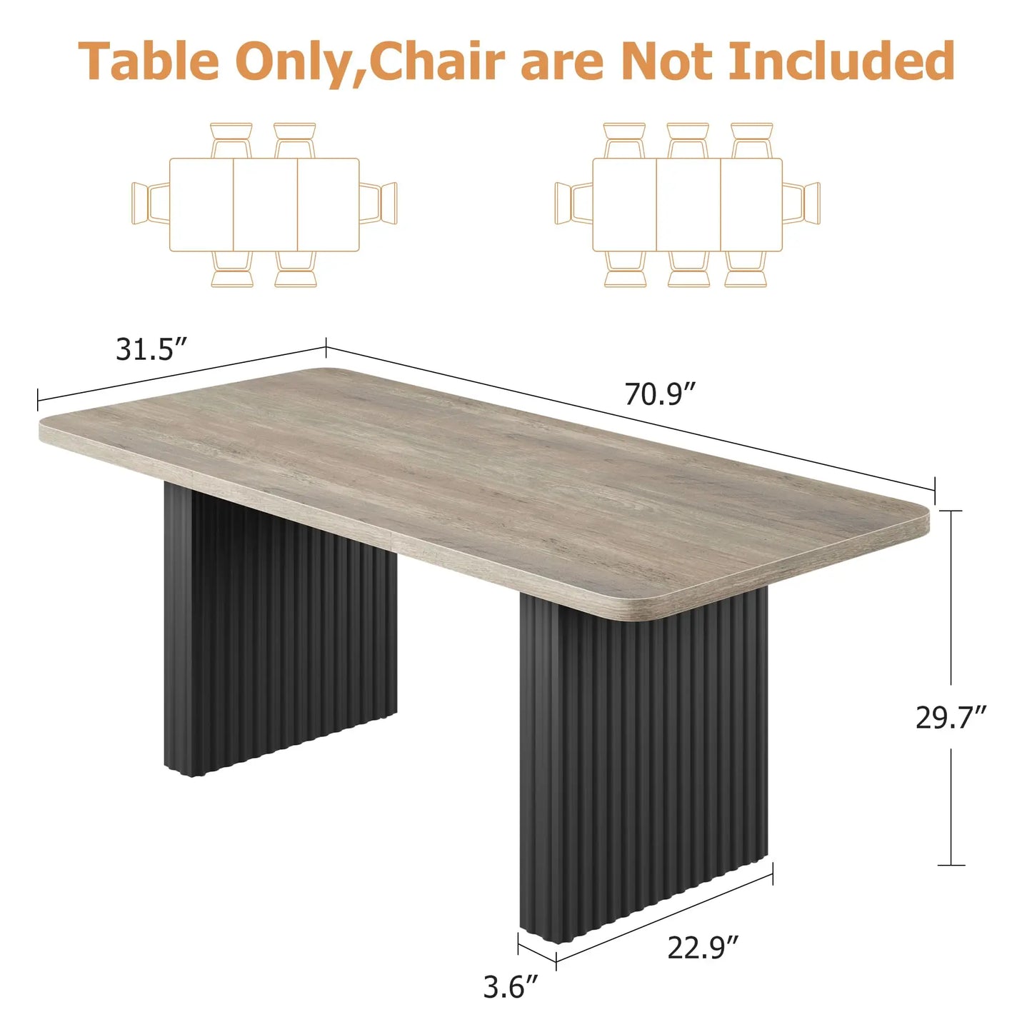 Modern Dining Table for 6-8, 71" Rectangular Farmhouse Kitchen Table with 3.6"×22.9" Black Fluted Wave Metal Legs & Wooden Top, Large Dining Table for Home Office, Dining