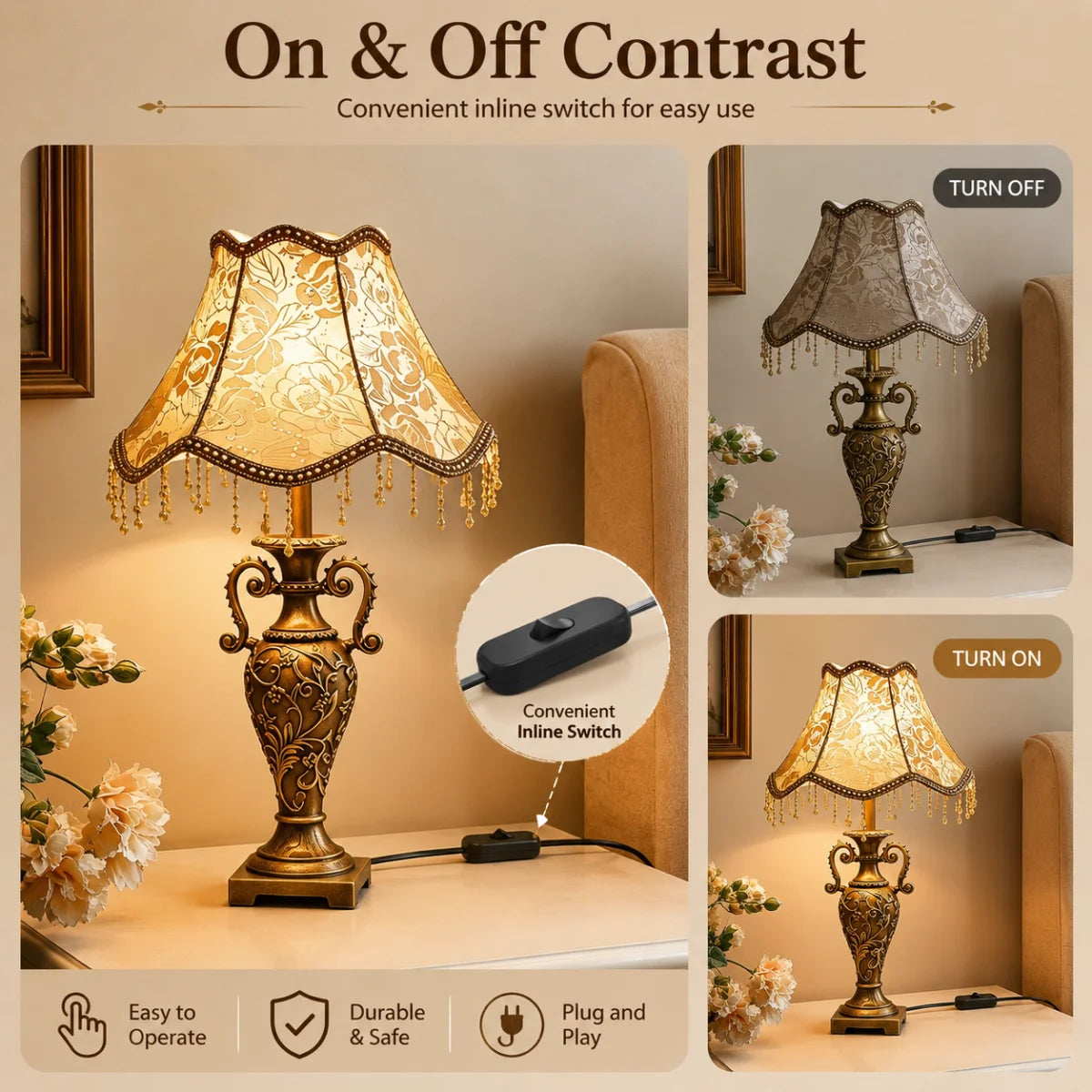 Classical Table Lamp Fabric Drum Shade And Antique brass Base ,American Decor Classic Bedside Desk Nightstand Table Lamp for Bedroom Living Room