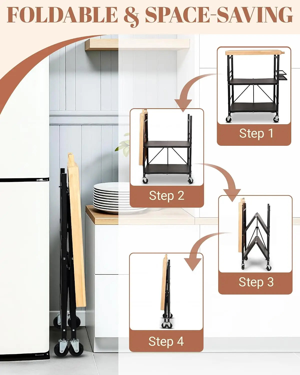 Black Foldable 3-Tier Wheeled Kitchen Cart Mobile Kitchen Island with Wooden Tabletop Multipurpose Microwave Stand & Coffee Bar Trolley Featuring Side Storage Rack for Household Kitchen Storage