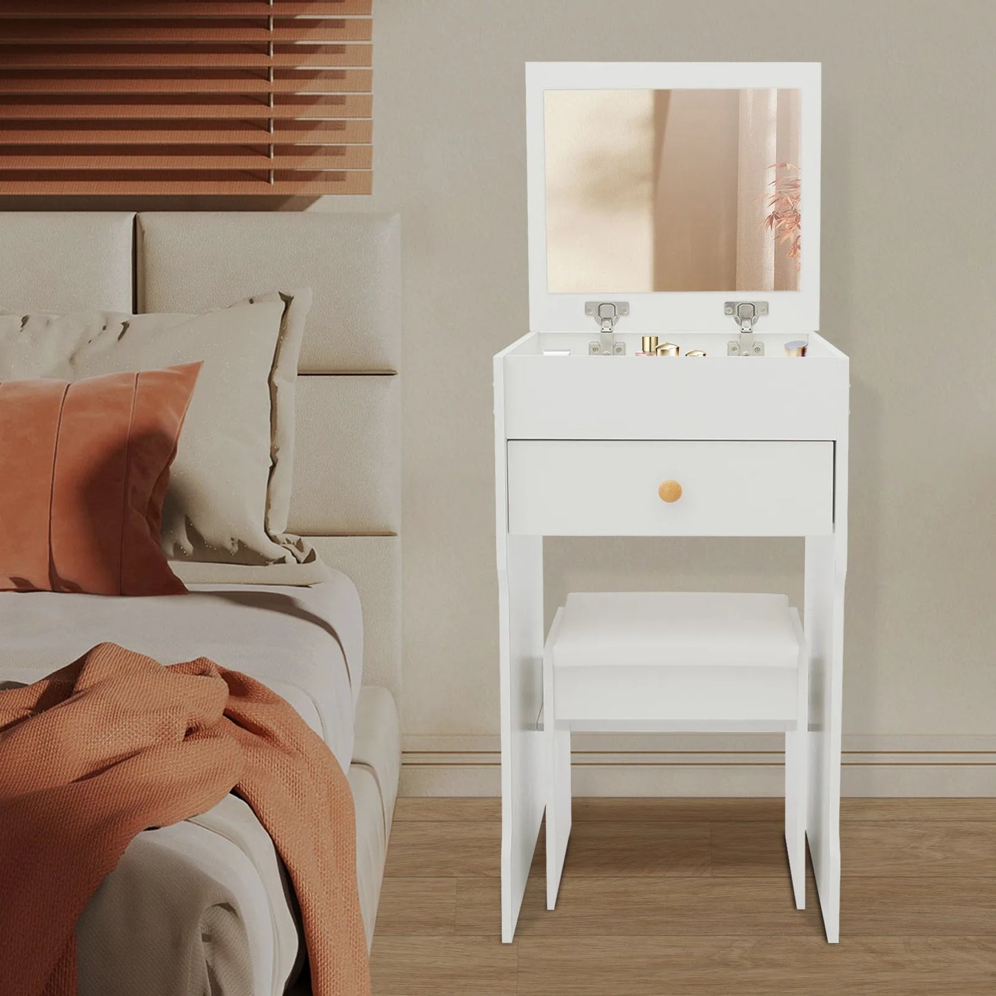 White 2-in-1 Flip Top Mini Vanity Desk Set, Makeup Table with Mirror, Drawer & Padded Stool, Multi-Purpose Corner Bedroom Vanity Nightstand