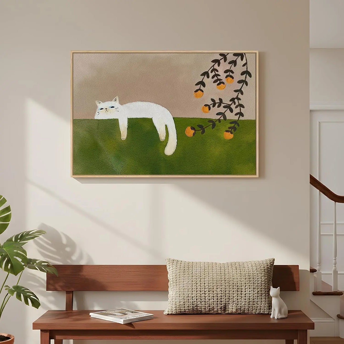 Framed Neutral and Green Wall Art for Bedroom Decor, Large Cozy Cat Canvas Painting Artwork for Room Walls, Green Picture Print for Dining Room Nursery Guest Room Hallway Wall Art Decor, 24x36 Inch