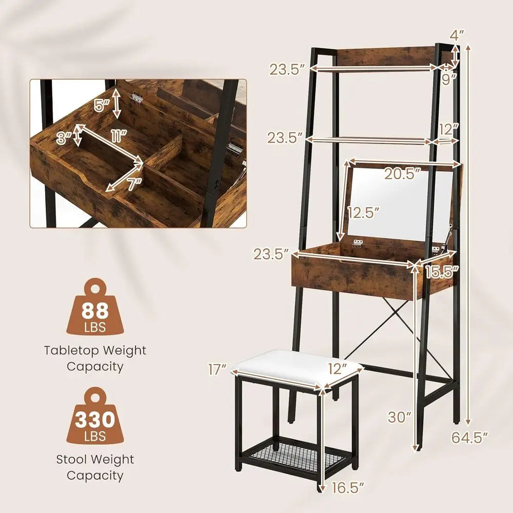 Vanity Desk Set with lip-up Mirror, Ladder Vanity Table and Cushioned Stool Set w/ 4 Storage Comparents, Small Makeup Dring Tabl