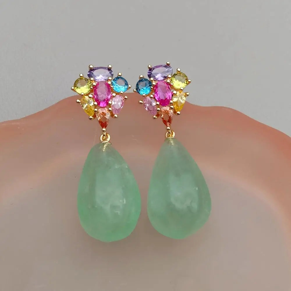 YYGEM 14x23mm Natural Green Fluorite Teardrop Cz Pave Stud Dangle Earrings