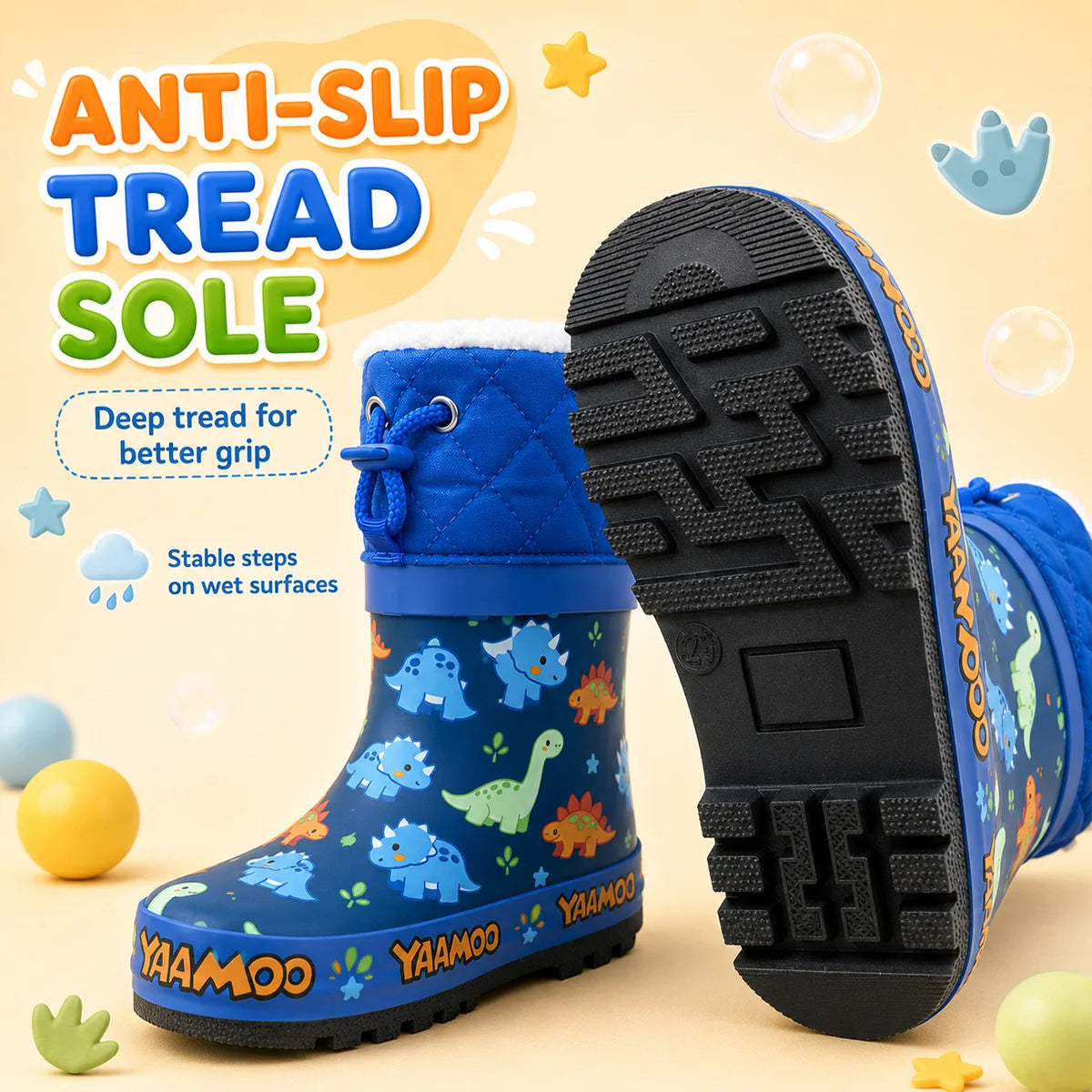 Boys Cartoon Dinosaur Print Kids Rain Boots Fleece Lined Warm Drawstring Cuff Waterproof Anti-slip Rubber Wellies Toddler Winter Water Shoes