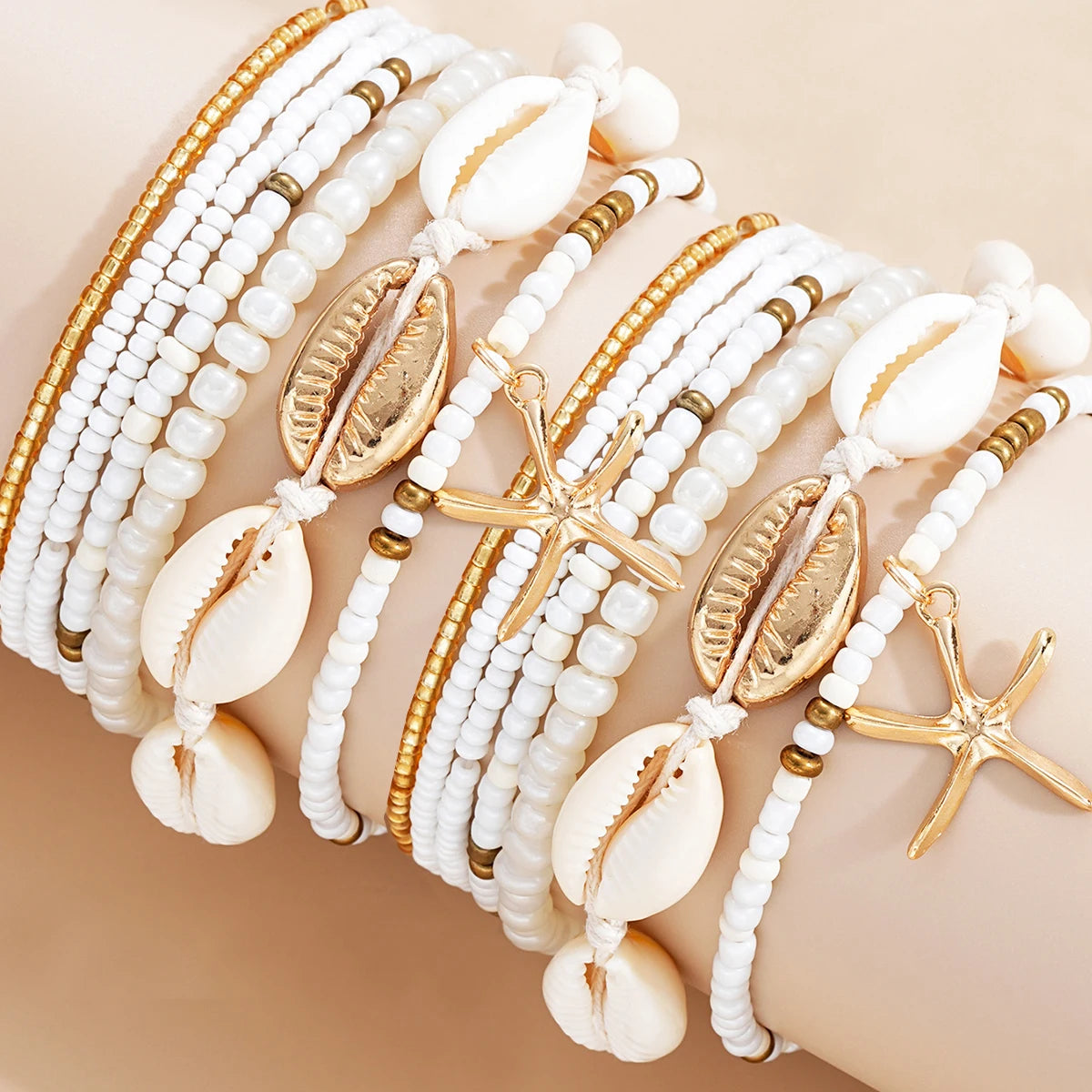 14 piece set of fashionable Bohemian acrylic starfish beaded rice bead women's fashionable bracelet set for beach vacation